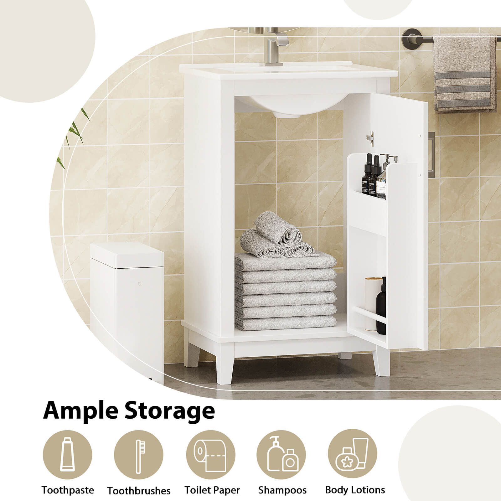 Storage Description for 20 Inch White Single Door Bathroom Vanity
