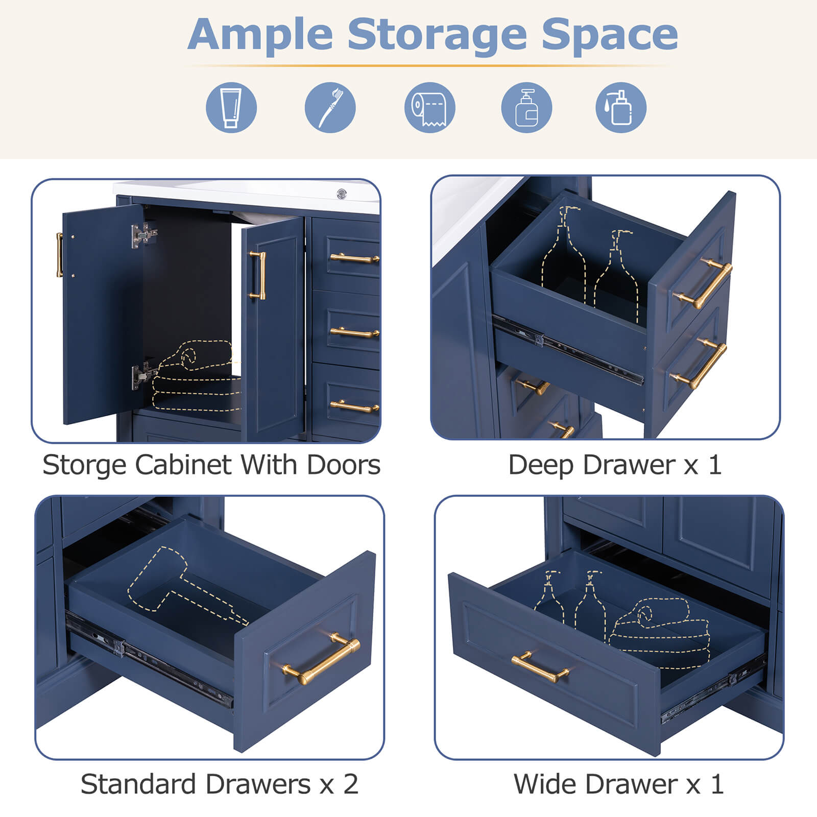Storage Description for 36 inch Traditional Blue Bathroom Vanity with Resin Sink