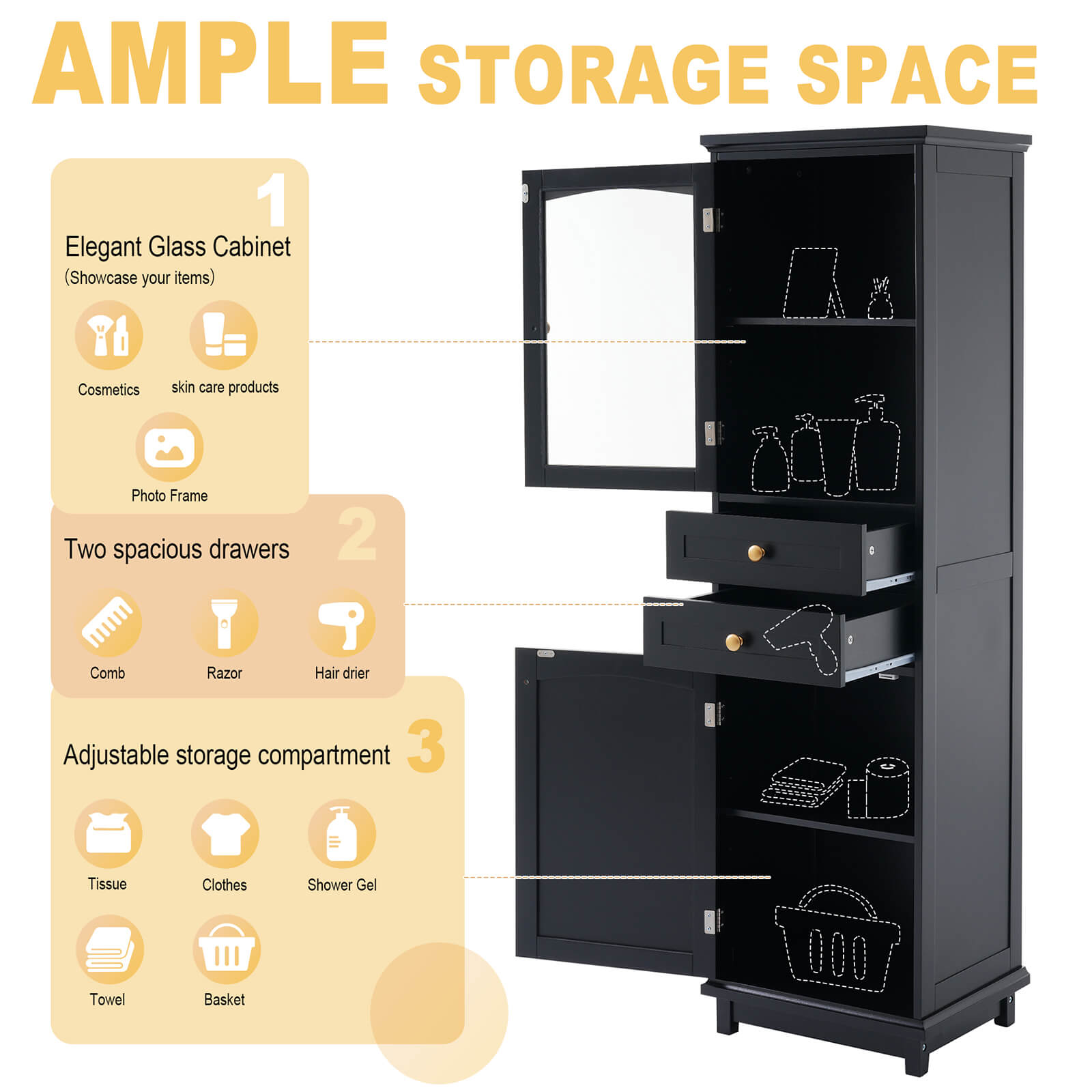 Storage Description for 63 Inch Tall Black Freestanding Linen Cabinet