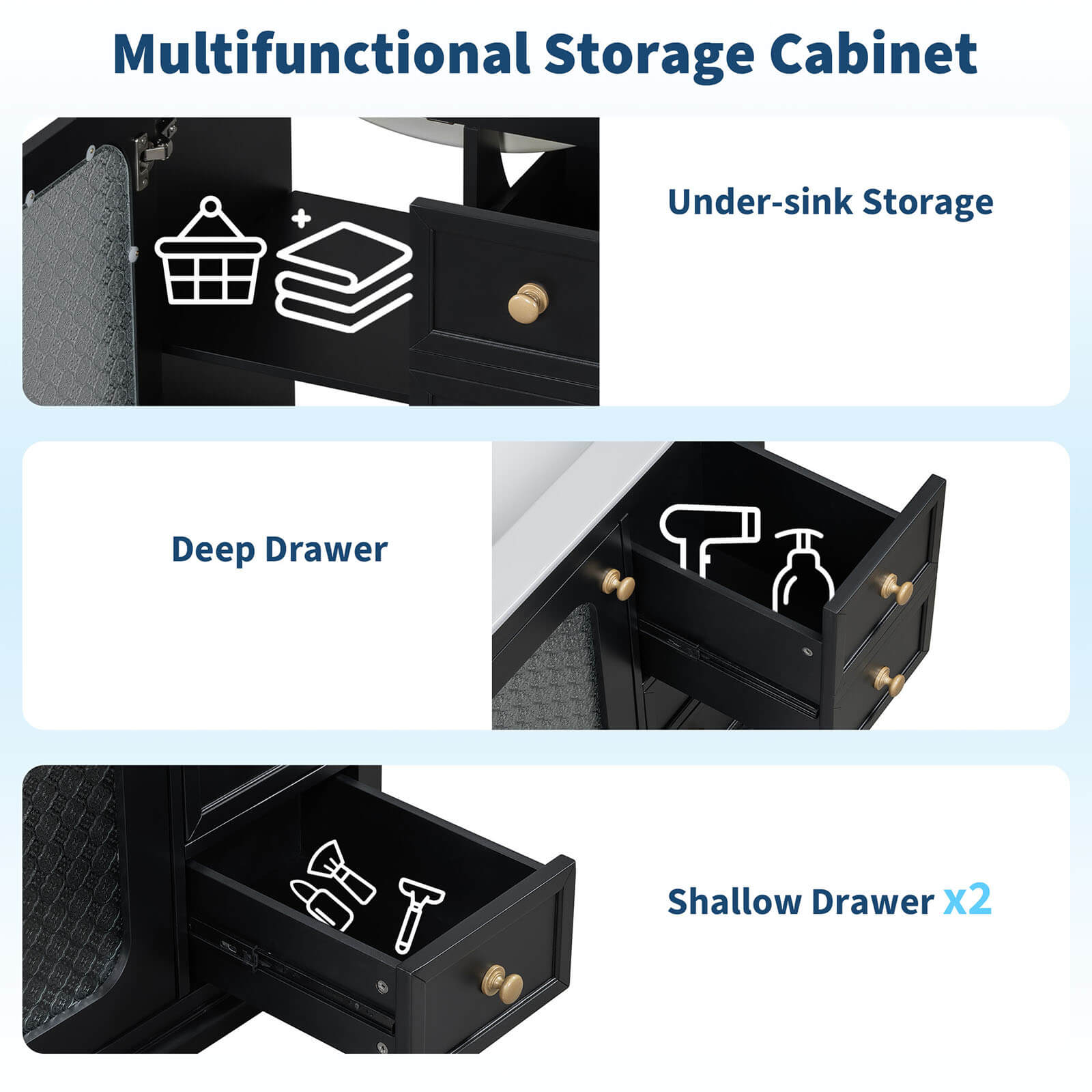 Storage Description for a 30 Inch Black Bathroom Vanity with Frosted Glass Door