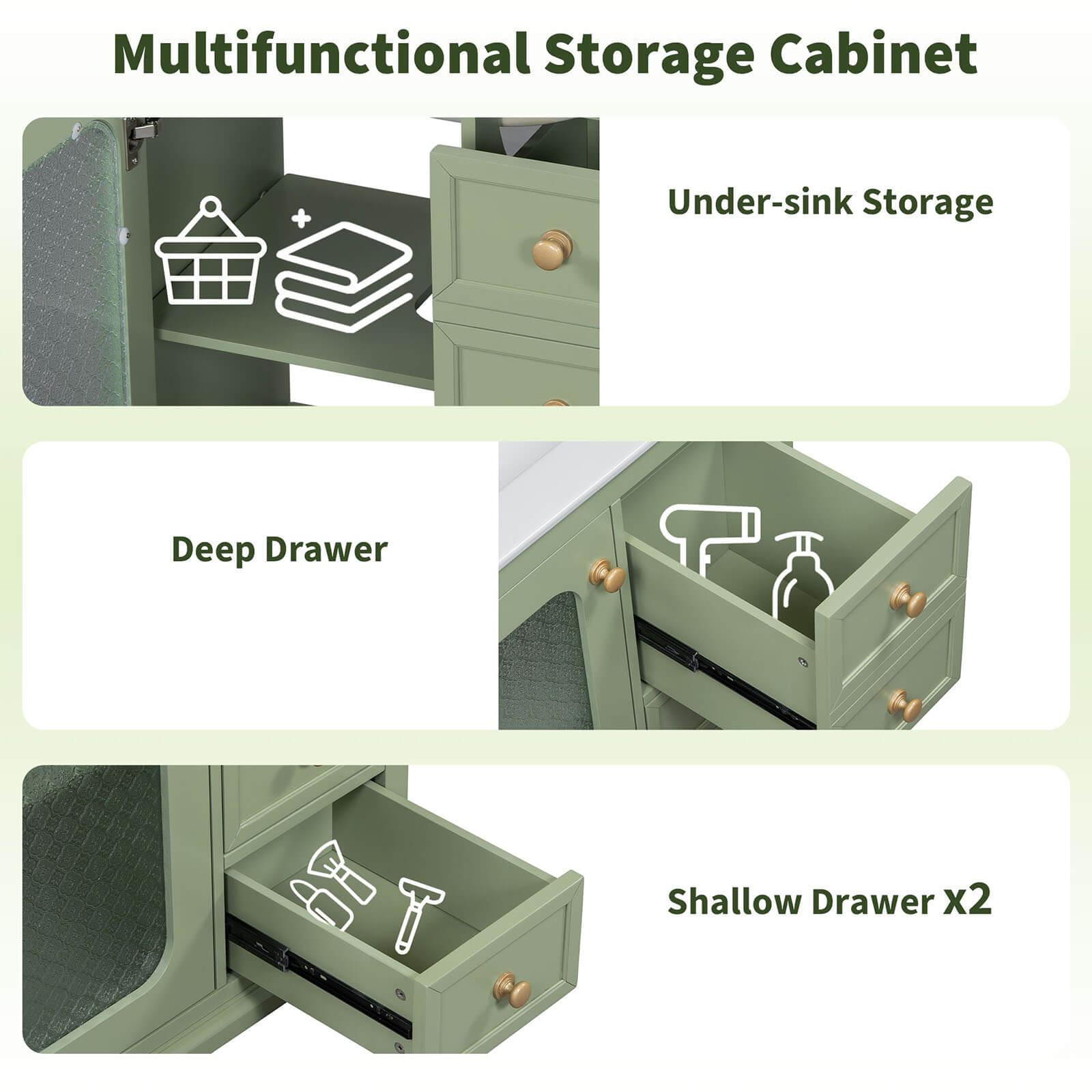 Storage Description for a 30 Inch Green Bathroom Vanity with Frosted Glass Door