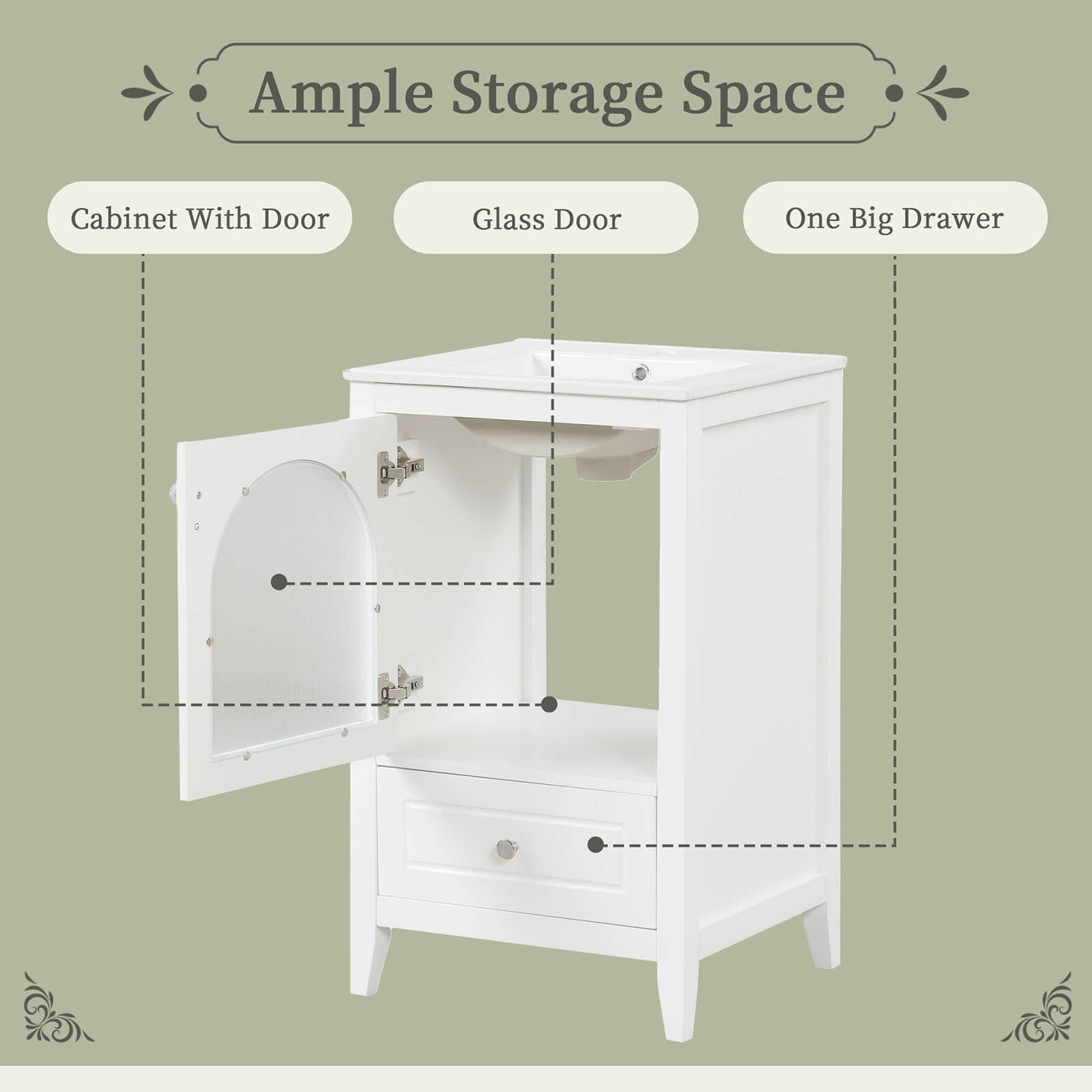 Storage Description of 20 Inch White Bathroom Vanity with Clear Glass Door