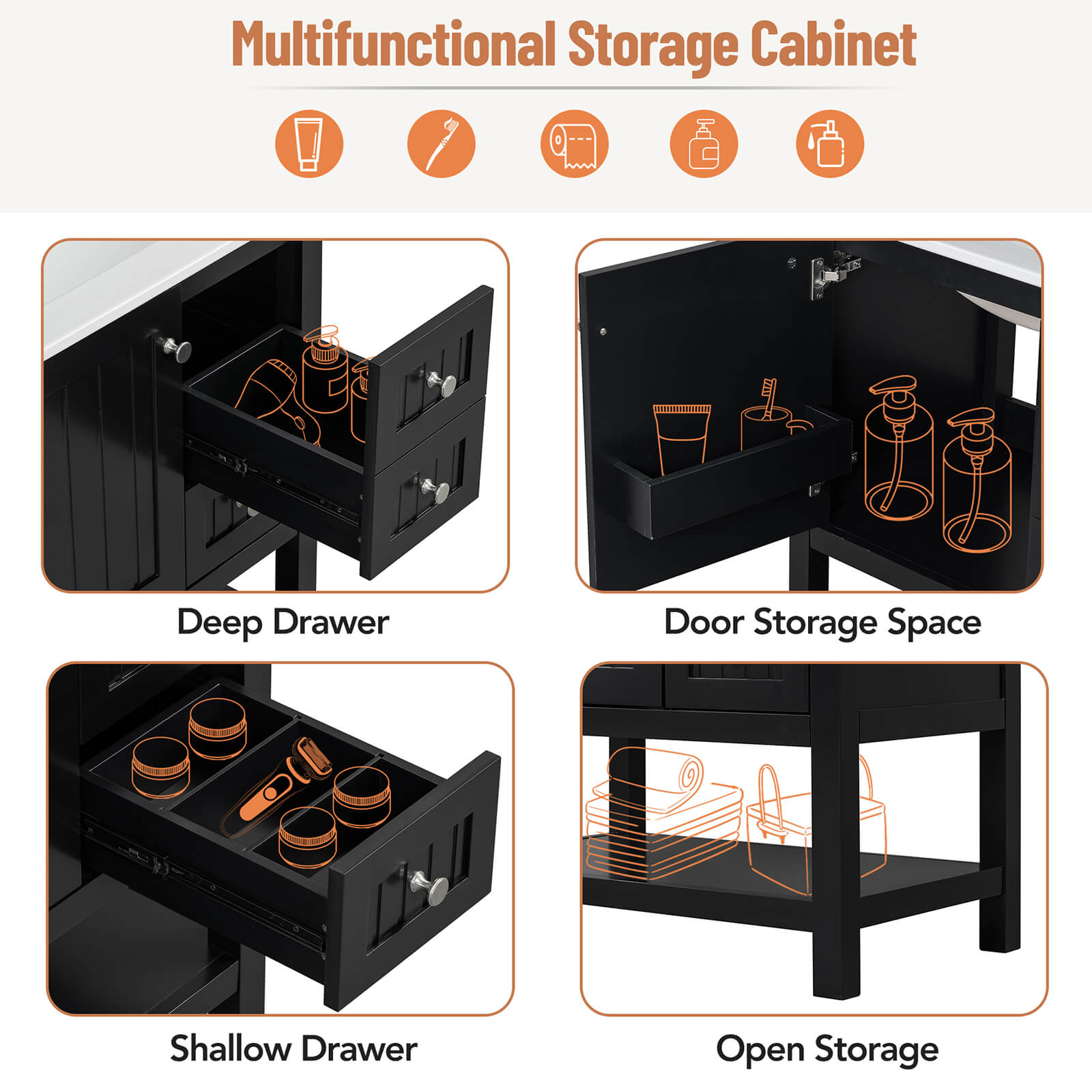 Storage Space Introduction of 30 Inch Black Freestanding Bathroom Vanity with Open Shelves