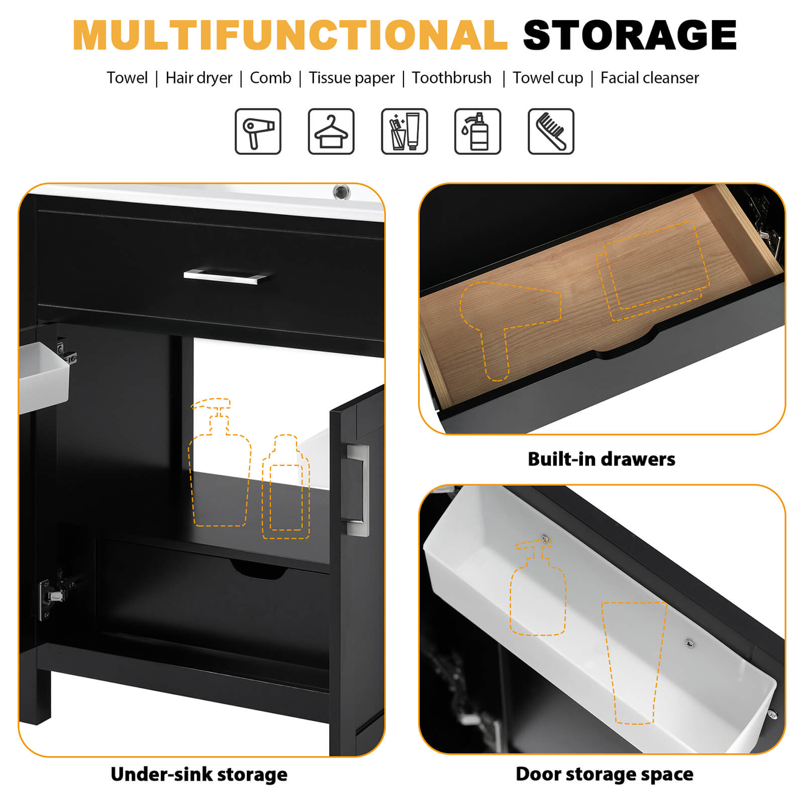 Storage description for the 30 inch Modern Black Silk Finish Freestanding Vanity