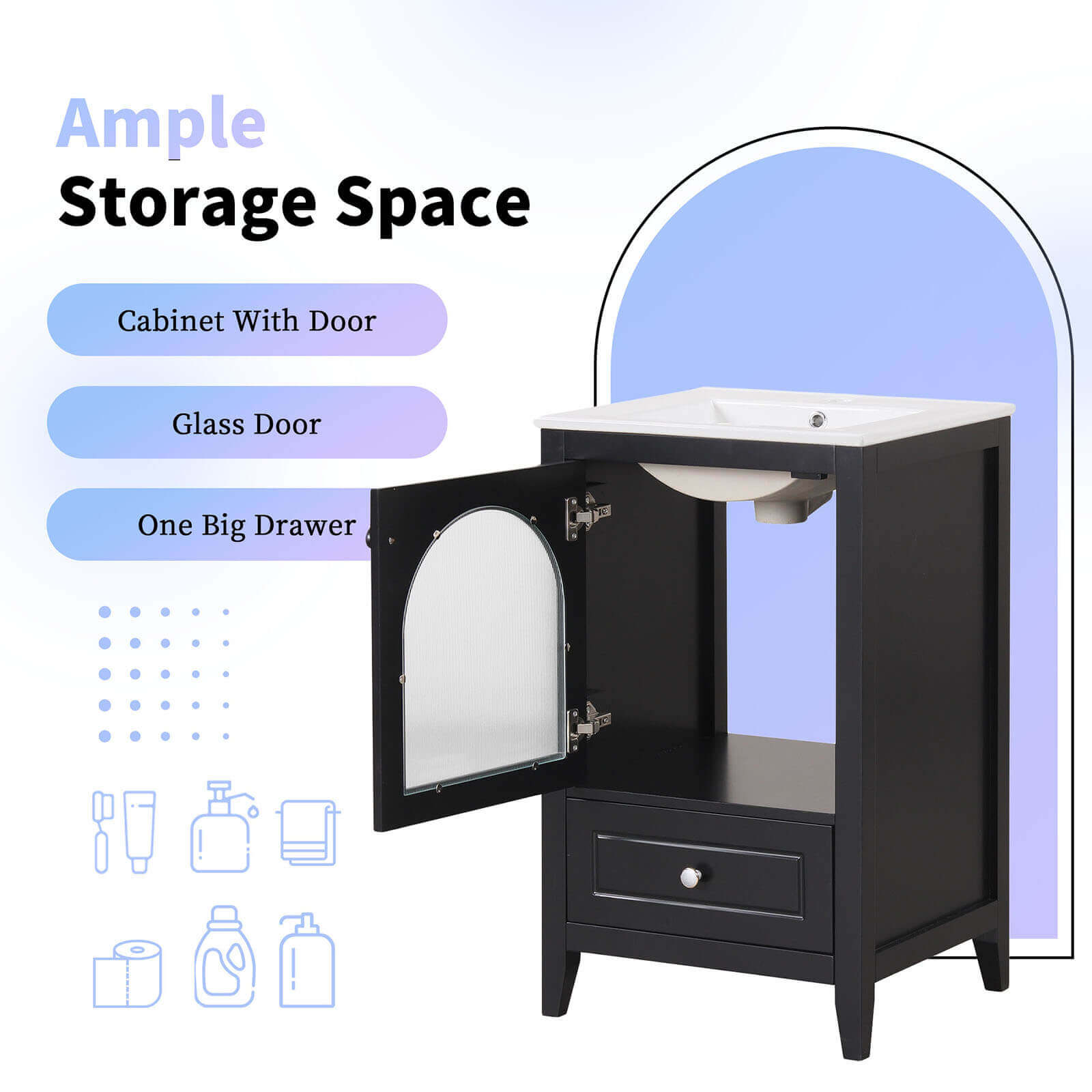 Storage diagram for a 20-inch black bathroom vanity with clear glass doors