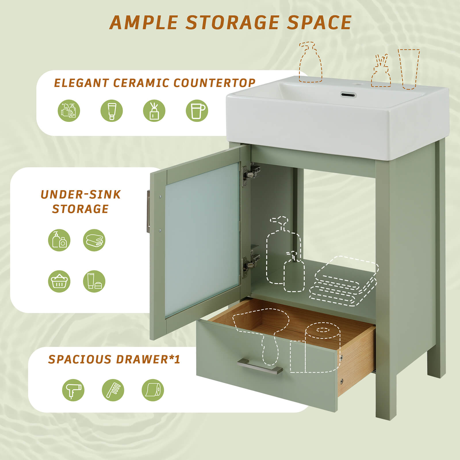Storage diagram for a 20 inch green dresser with frosted glass doors