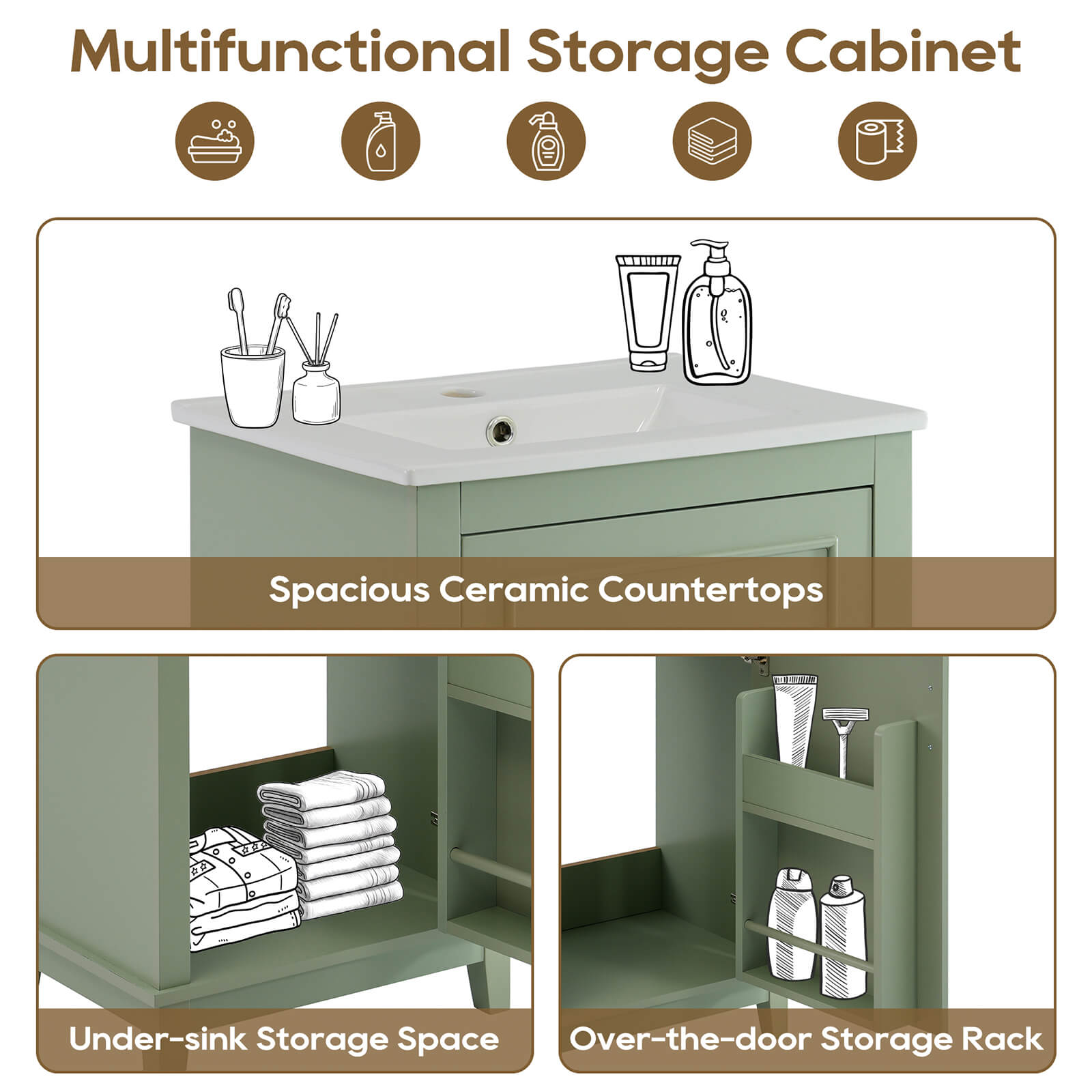 Storage diagram for a 20 inch sage green single door bathroom vanity