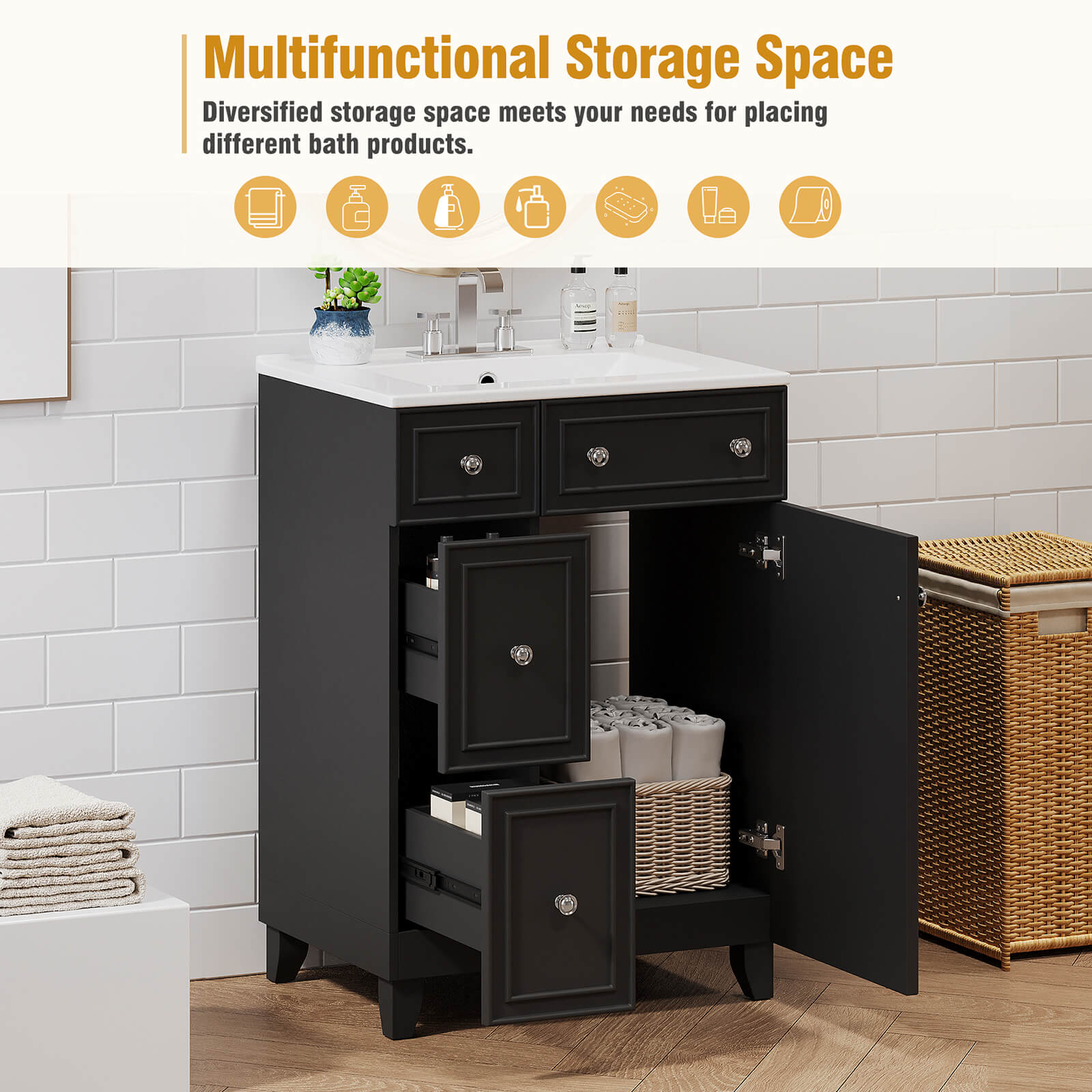 Storage diagram for a 24 inch small black bathroom vanity with 2 drawers