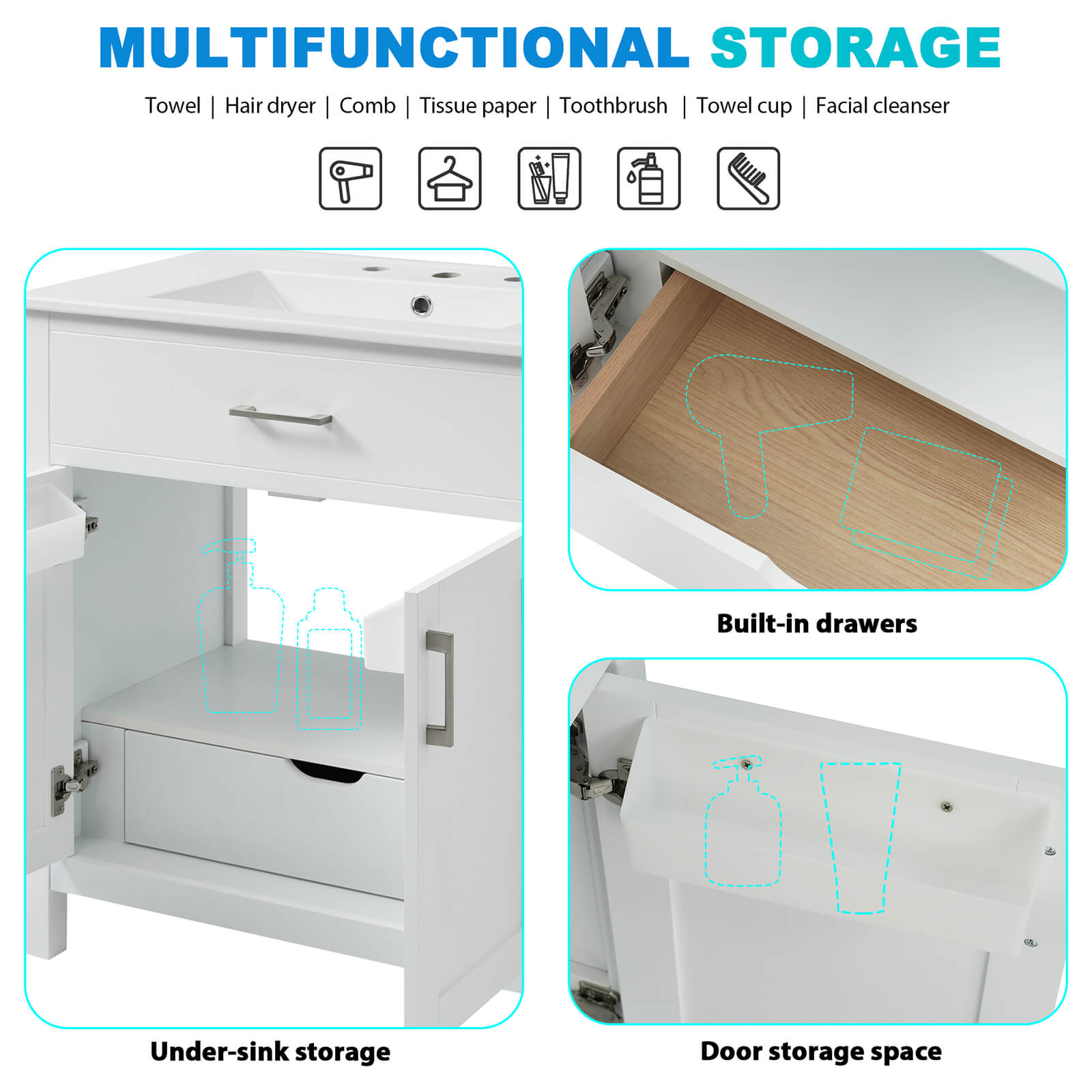 Storage diagram for a 30 inch modern white silk finish freestanding vanity
