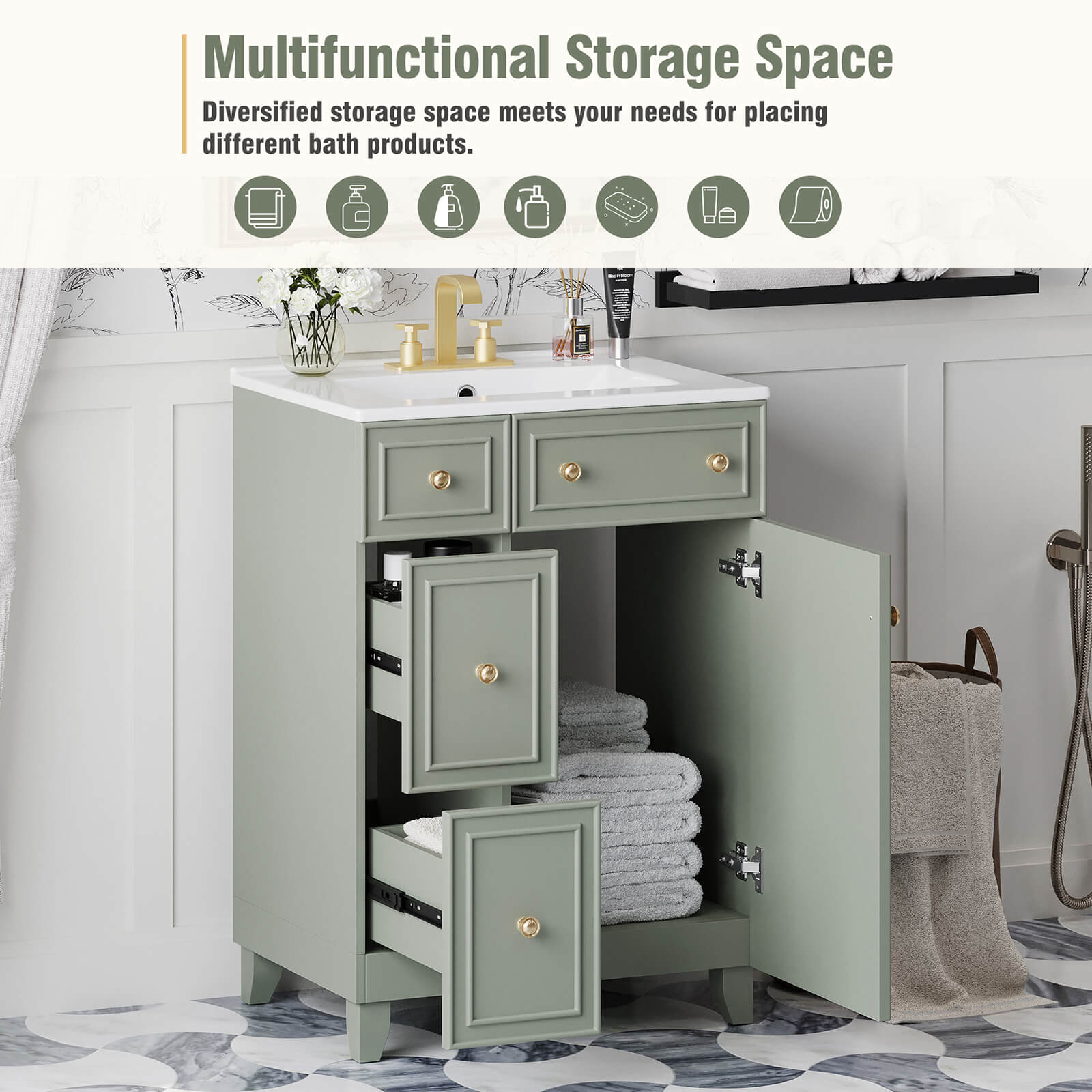 Storage diagram for a small 24-inch light grey green bathroom vanity