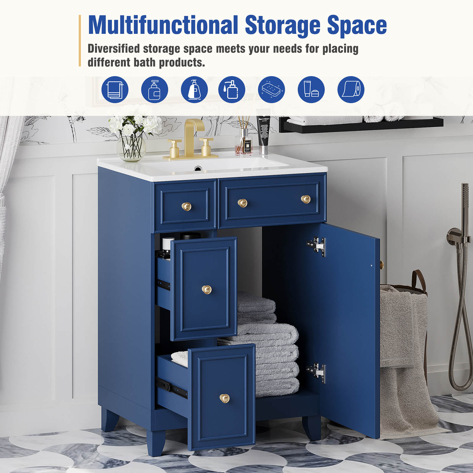 Storage diagram for a small navy blue bathroom vanity with 2 drawers 24 inches