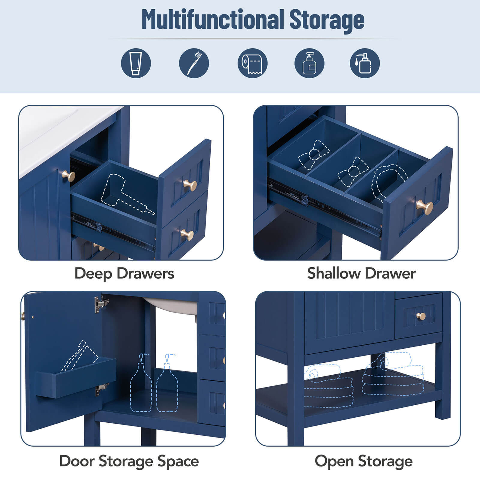 Storage diagram of a 30-inch navy blue freestanding bathroom vanity with open shelves