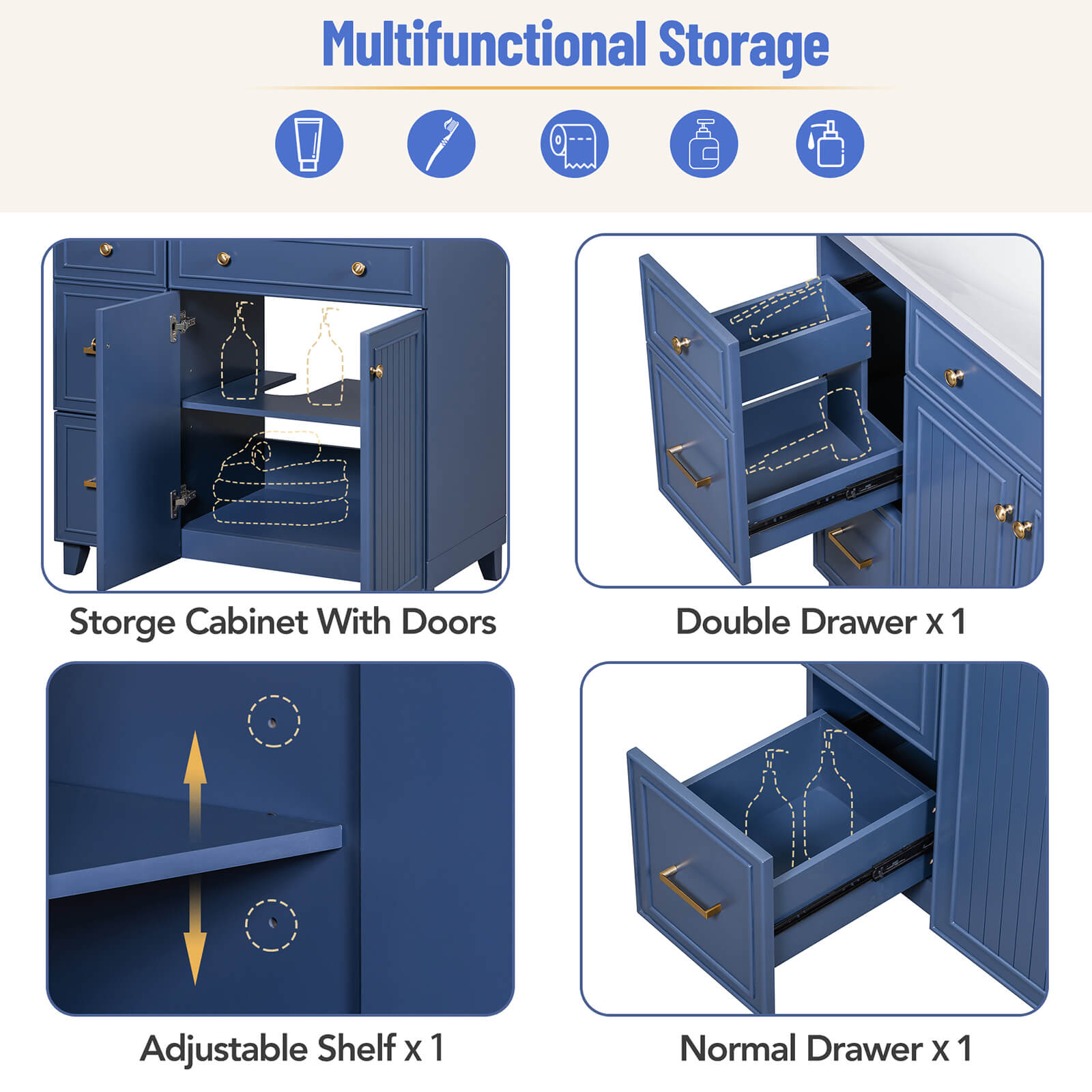 Storage space display for the 36 inch navy blue bathroom vanity with adjustable shelves