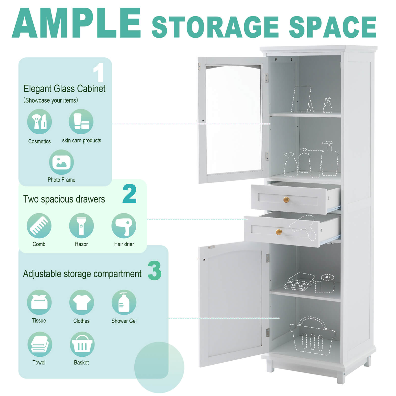 Storage space in a 63-inch tall white freestanding linen cabinet explained in detail