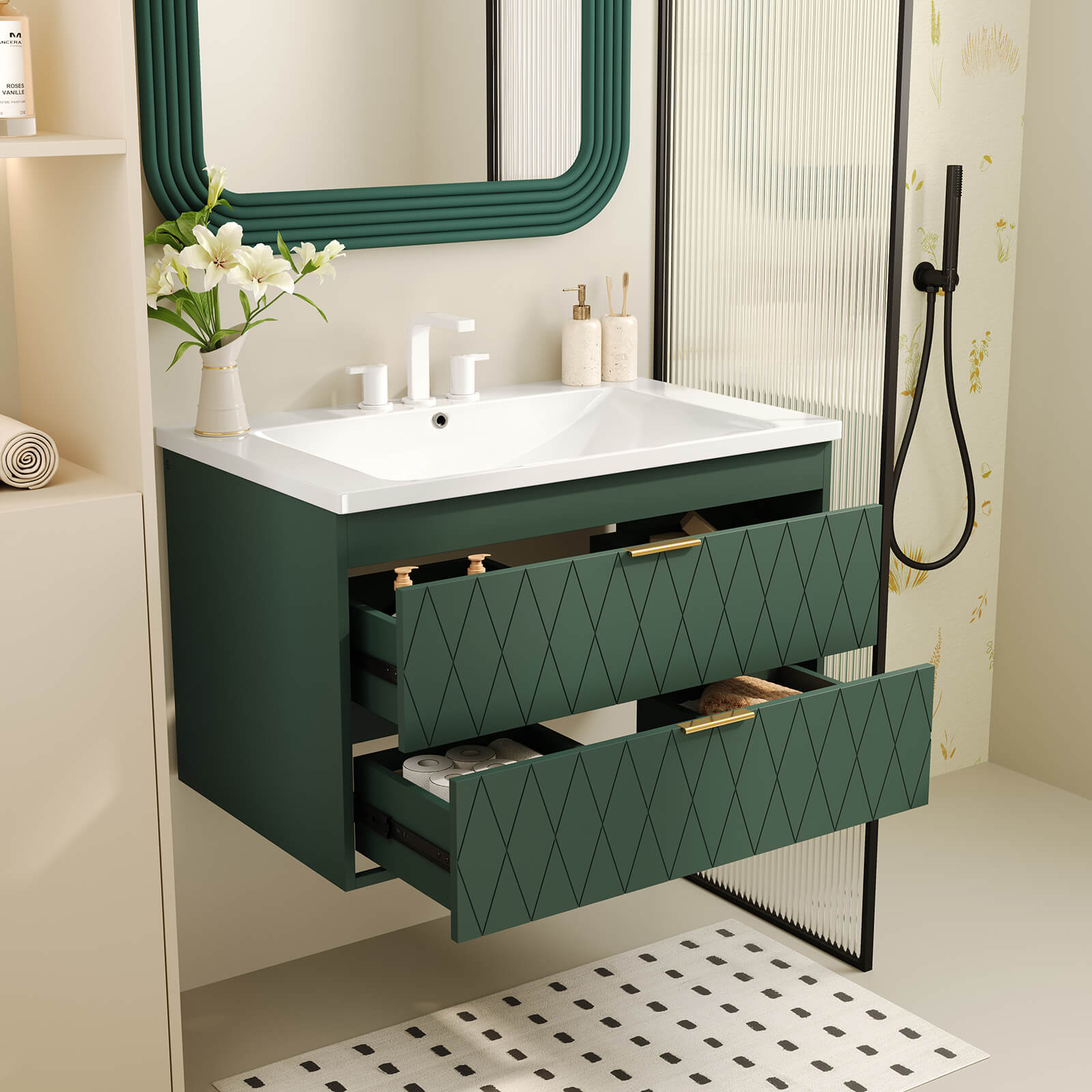 Stunning Green Vanity with Gold Handles Perfect for modern bathroom spaces