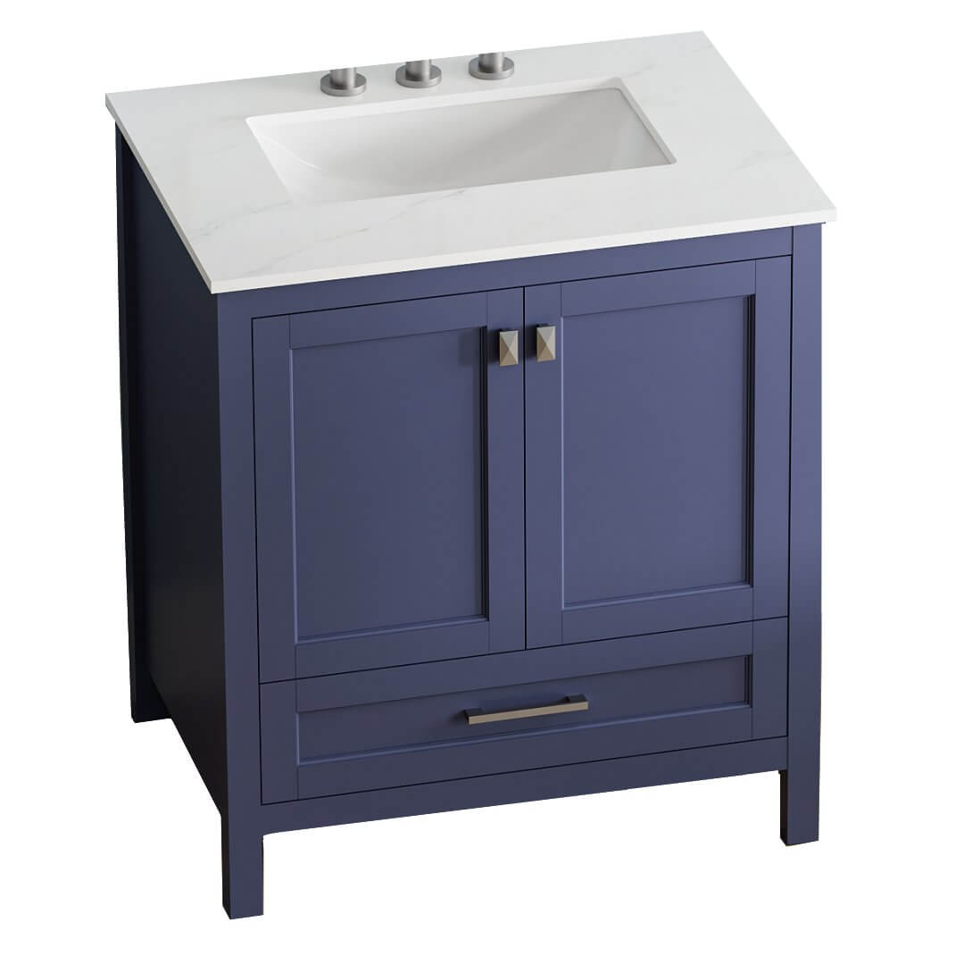Stylish 30 inch blue vanity with soft close doors and drawers