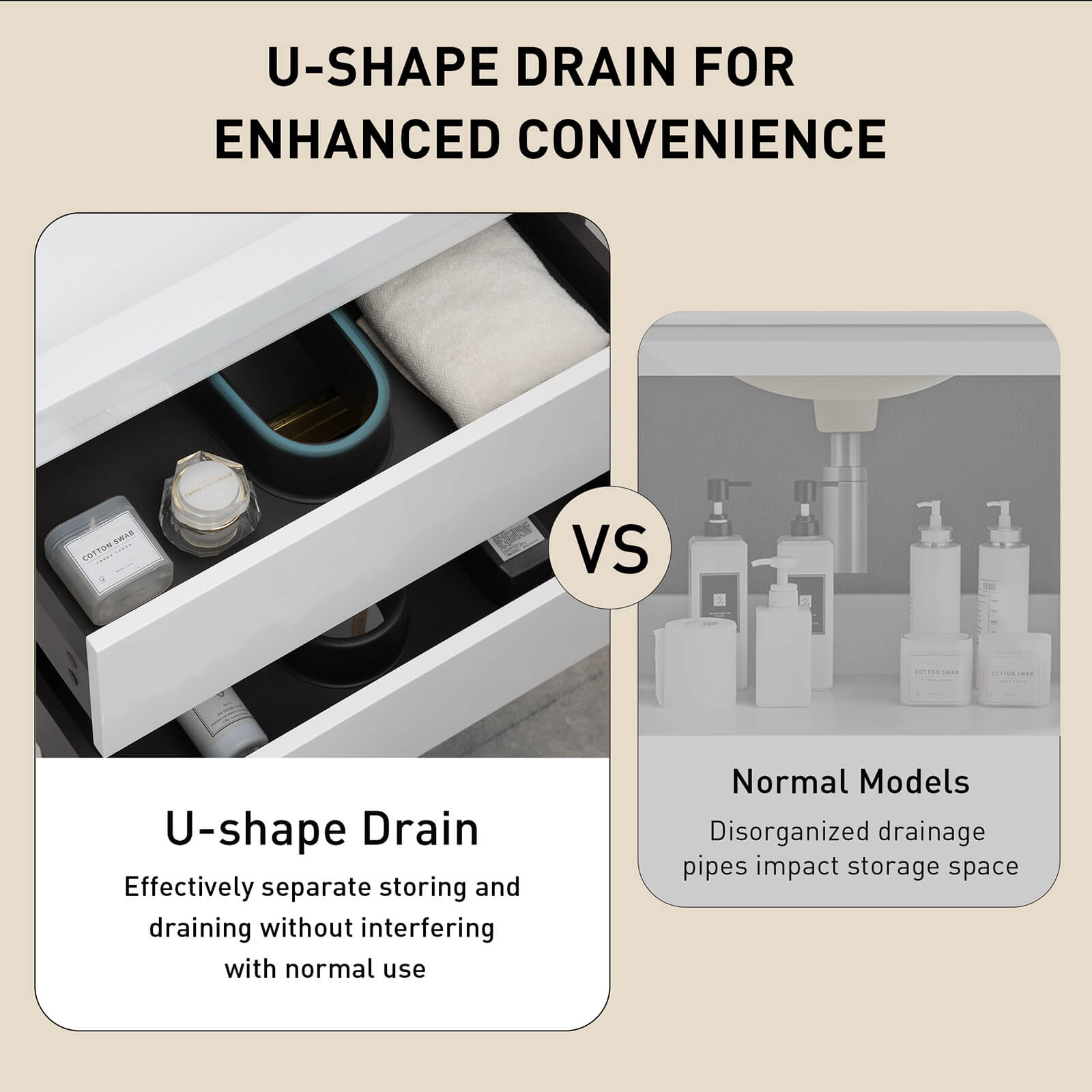 Stylish 36 in floating vanity with ample storage and U shaped drawer