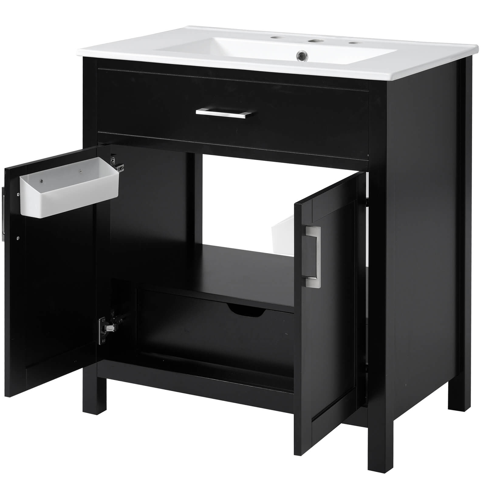 Stylish black vanity with silver handles and durable ceramic top