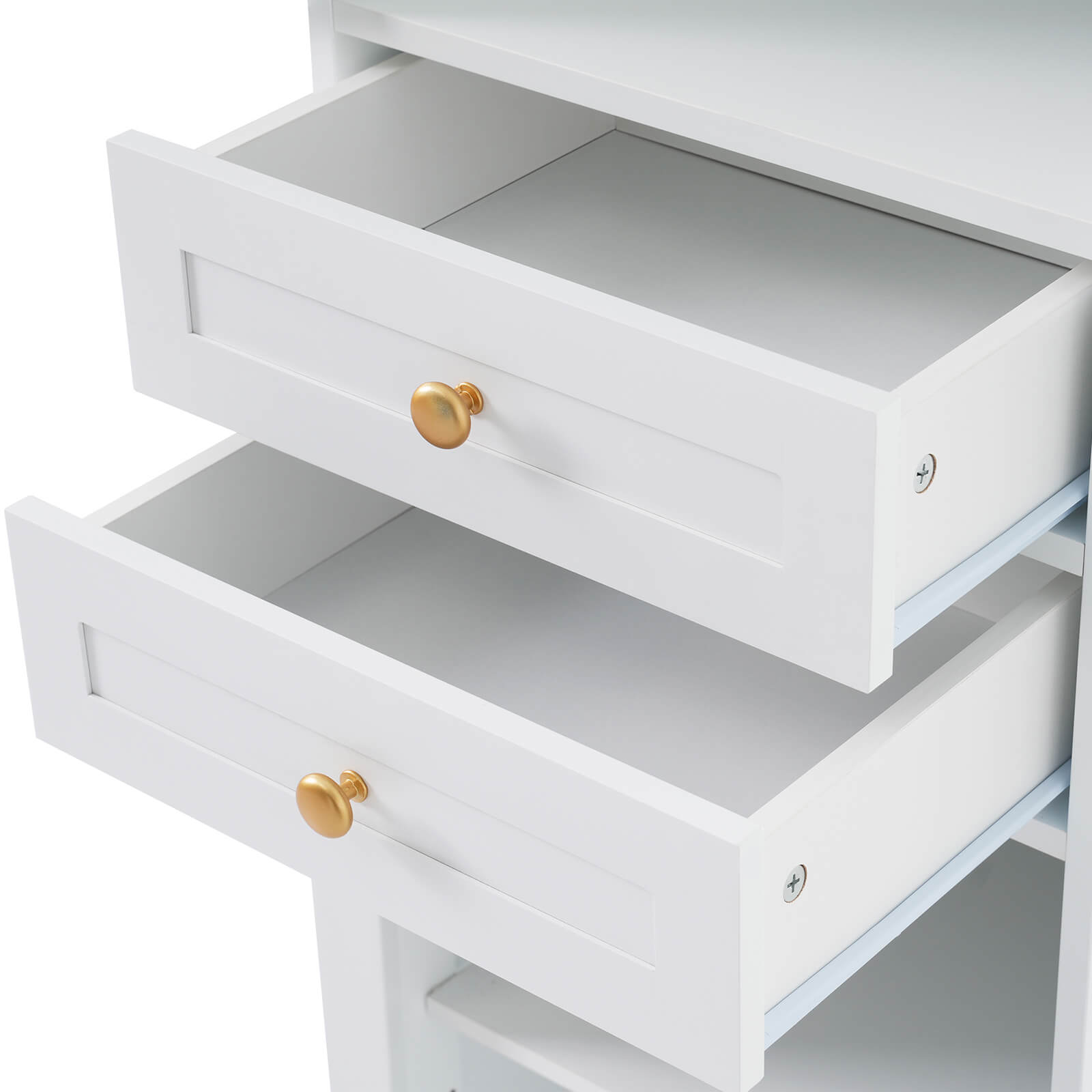 Stylish white storage unit with two drawers and two enclosed doors