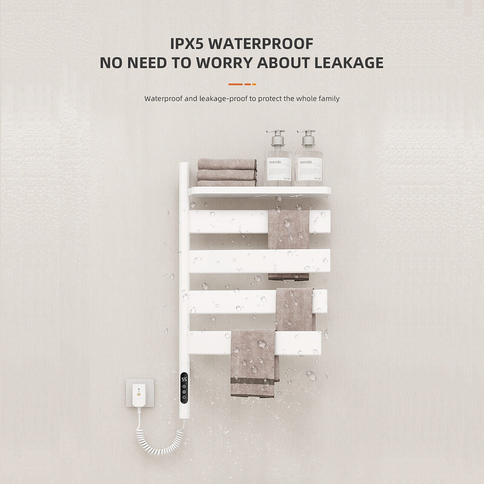 Stylish white towel warmer with IPX5 waterproof protection