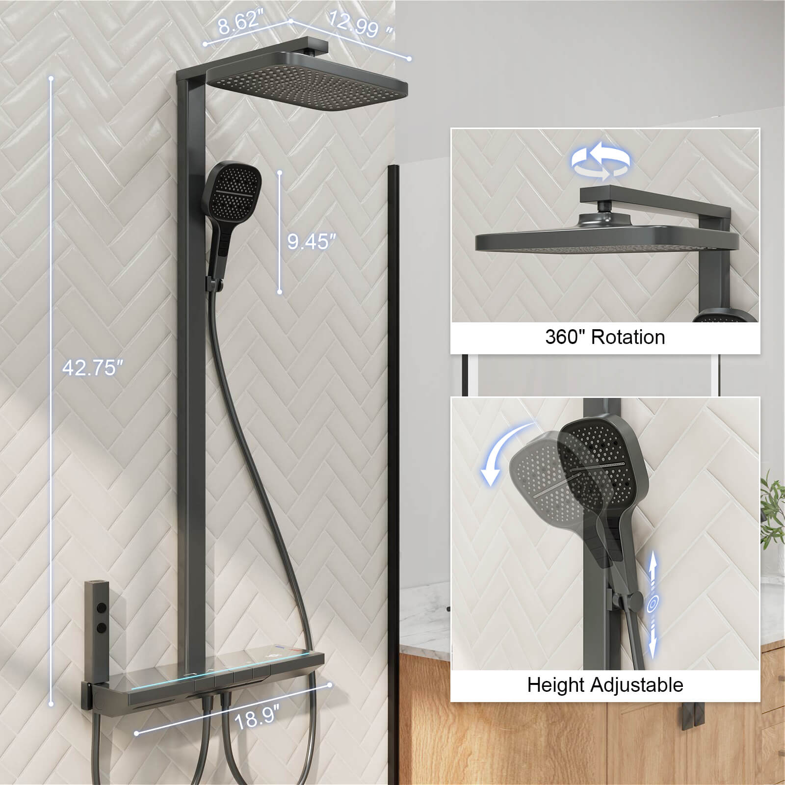 12" Thermostatic Shower System with Piano Key Digital Display Ambient Lights, Tub Spout, Hand Shower, Bidet Sprayer
