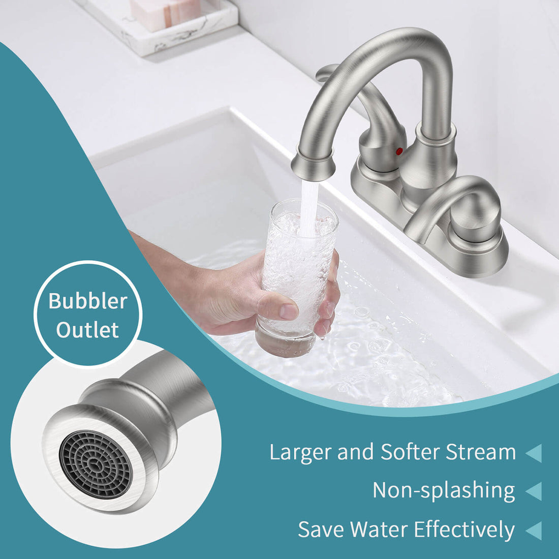 Take a cup of water from the 4 Inch Brushed Nickel 3 Hole Bathroom Sink Faucet