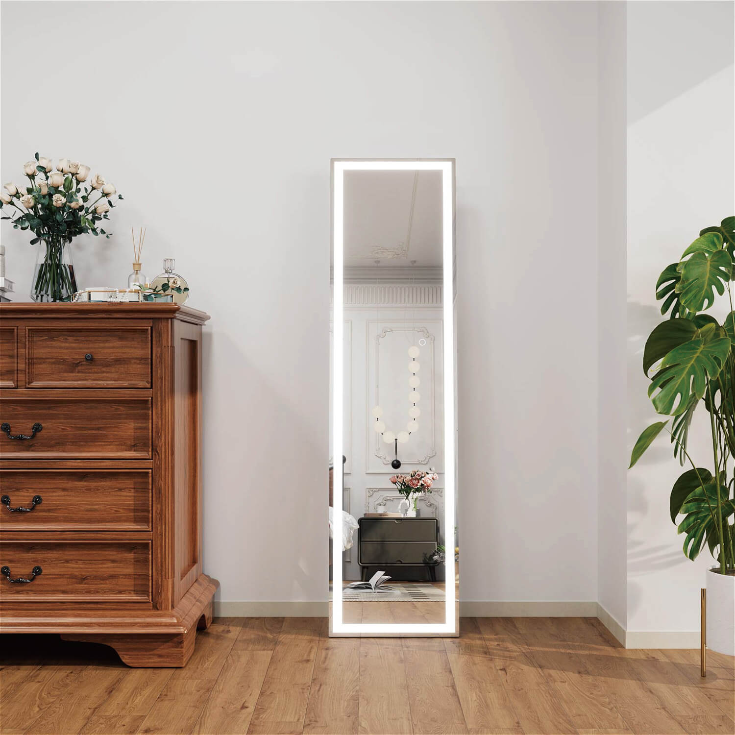 Tall LED full body mirror with perimeter light strip and touch control