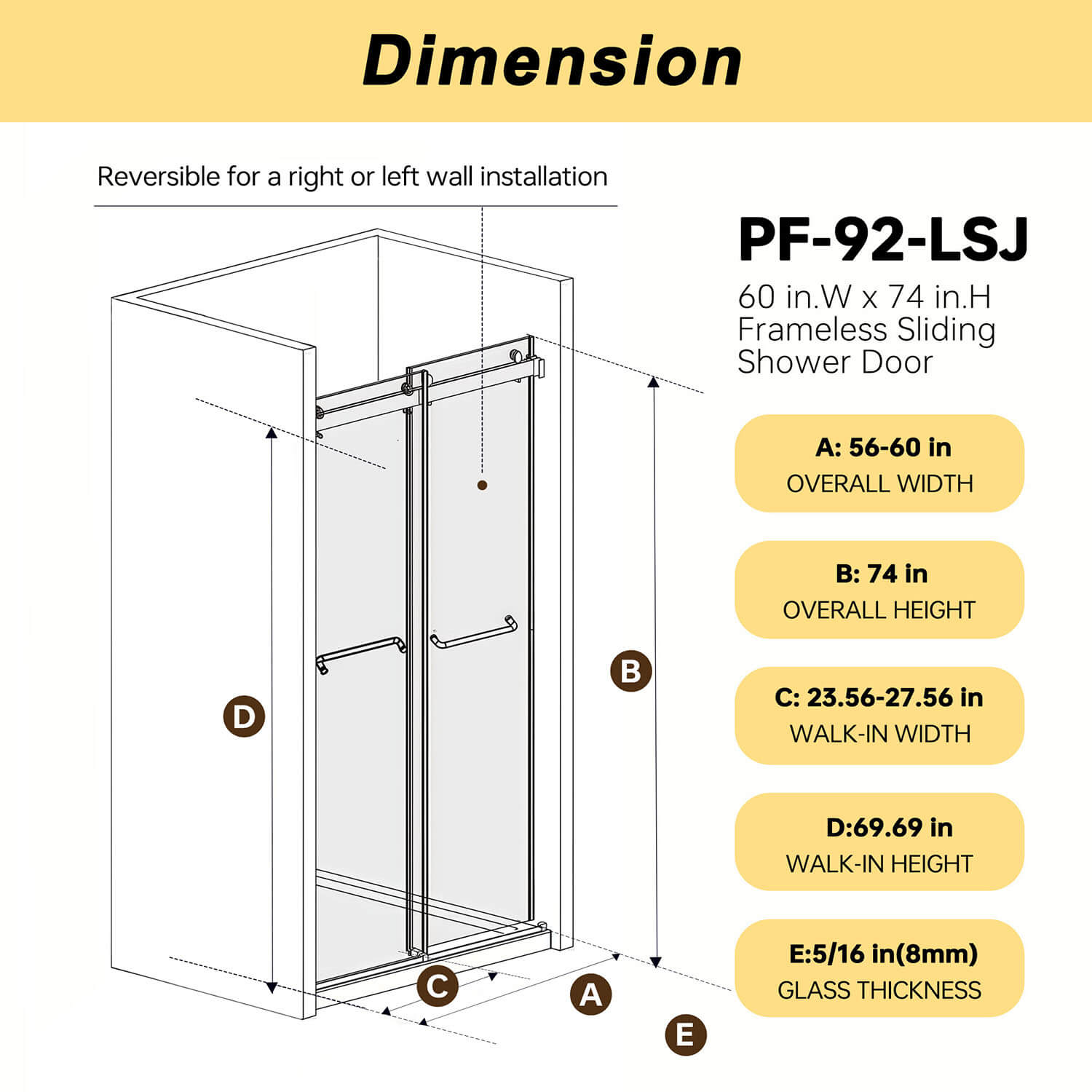 Technical Dimension Diagram and Specification Sheet for 56-60 x 74 inch Shower Door