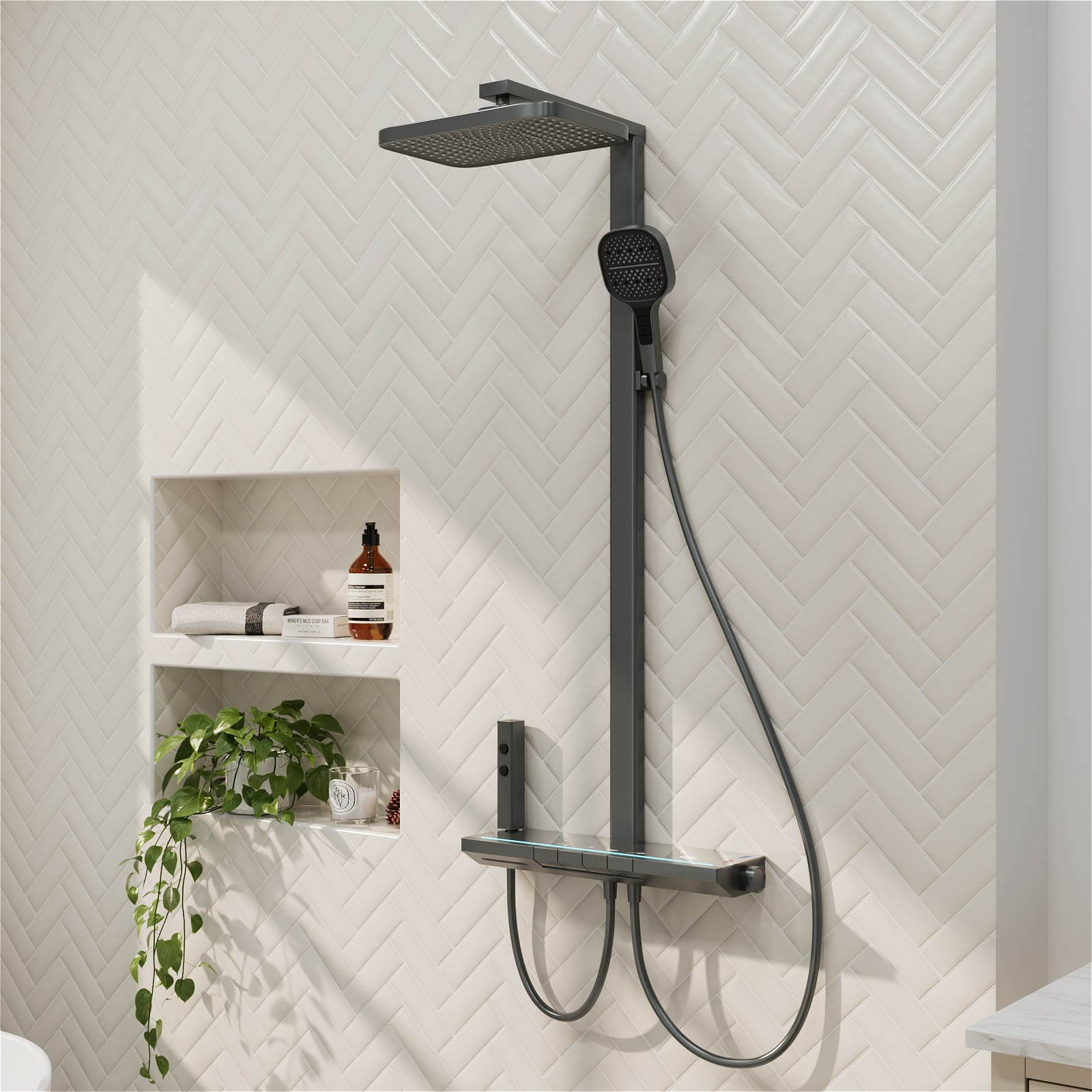 12" Thermostatic Shower System with Piano Key Digital Display Ambient Lights, Tub Spout, Hand Shower, Bidet Sprayer