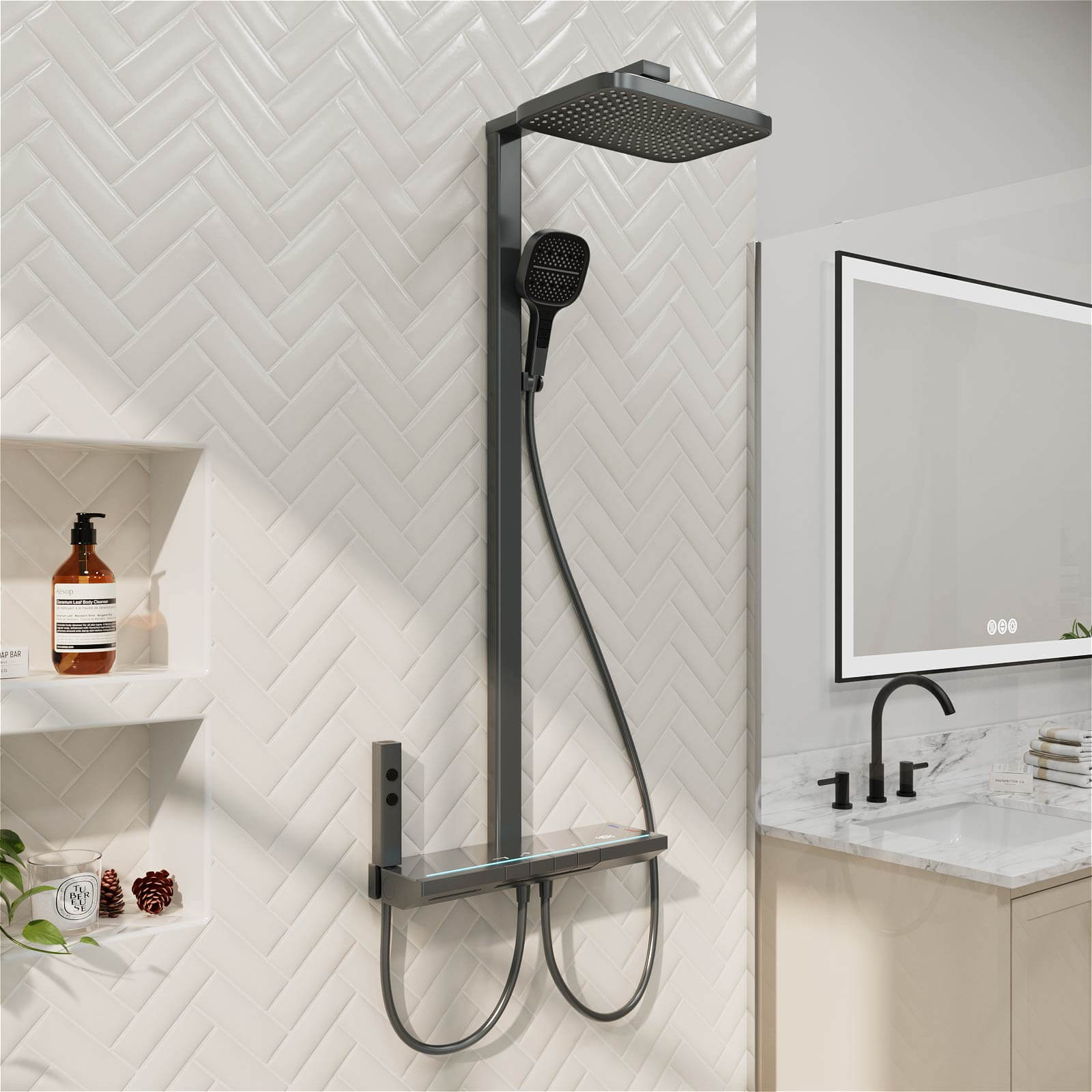 12" Thermostatic Shower System with Piano Key Digital Display Ambient Lights, Tub Spout, Hand Shower, Bidet Sprayer