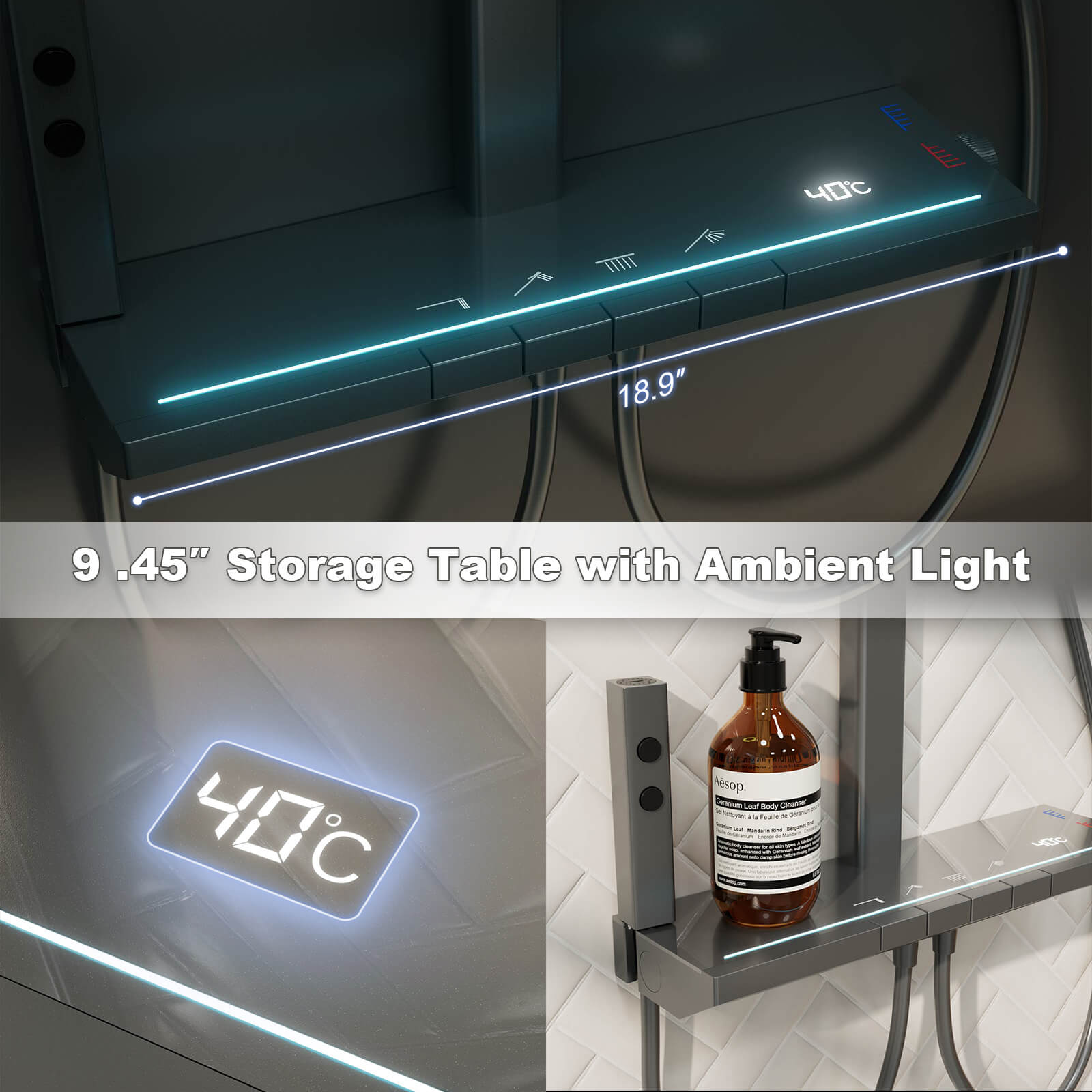 12" Thermostatic Shower System with Piano Key Digital Display Ambient Lights, Tub Spout, Hand Shower, Bidet Sprayer