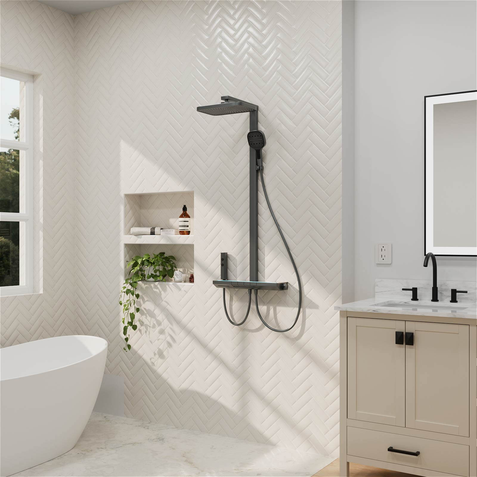 12" Thermostatic Shower System with Piano Key Digital Display Ambient Lights, Tub Spout, Hand Shower, Bidet Sprayer