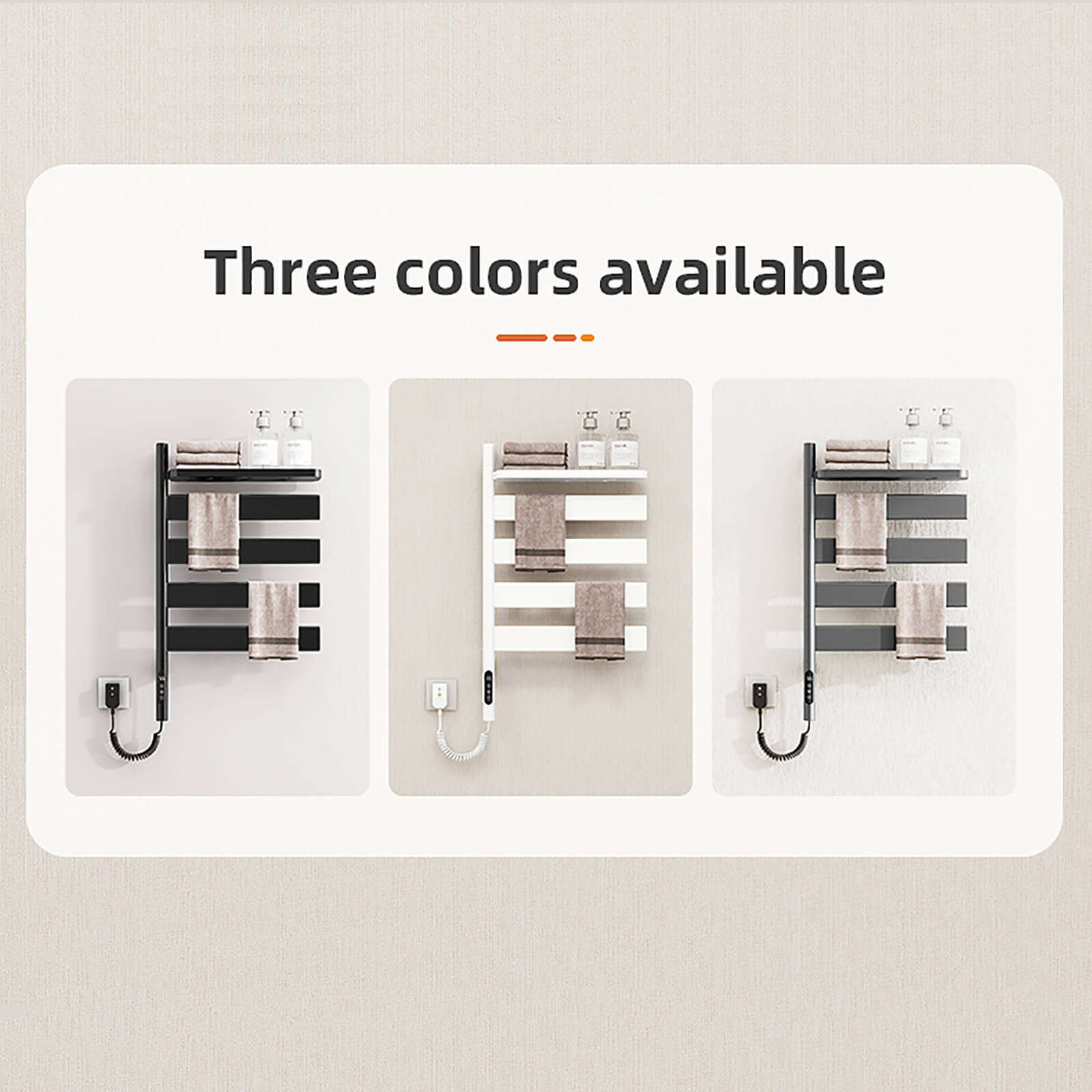 Three color variants of the white smart towel warmer with timer function