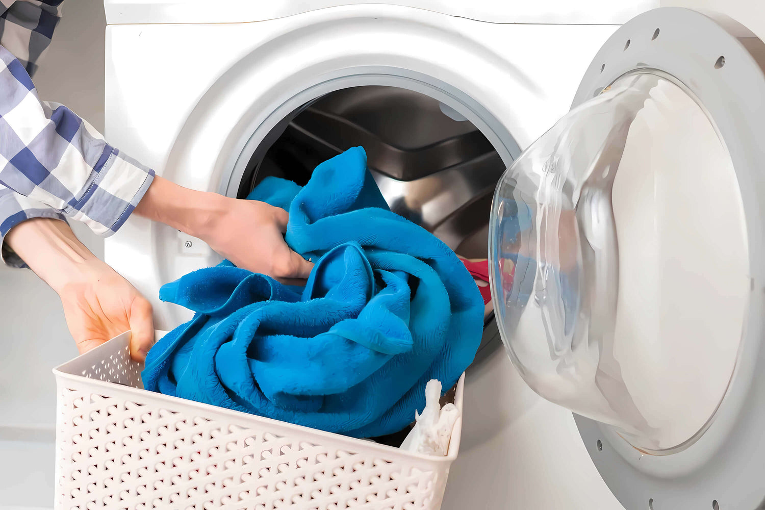 Throw the blue towel into the washing machine