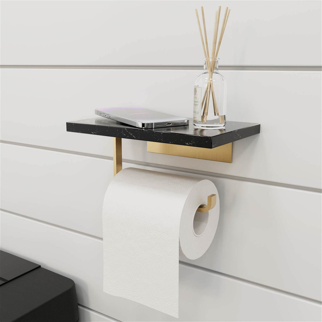 Toilet paper holder with black marble shelf