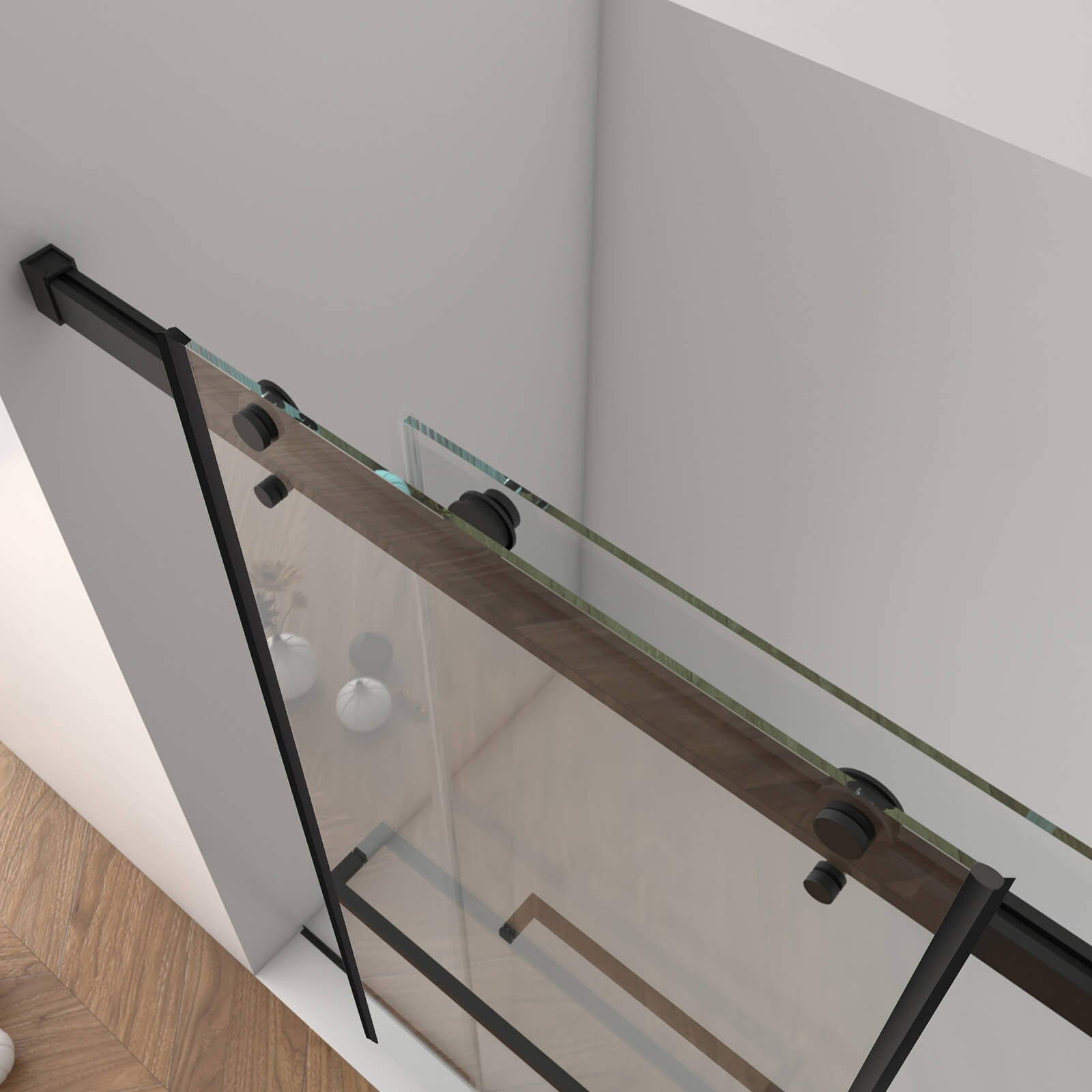 Top rail detail of adjustable matte black shower door