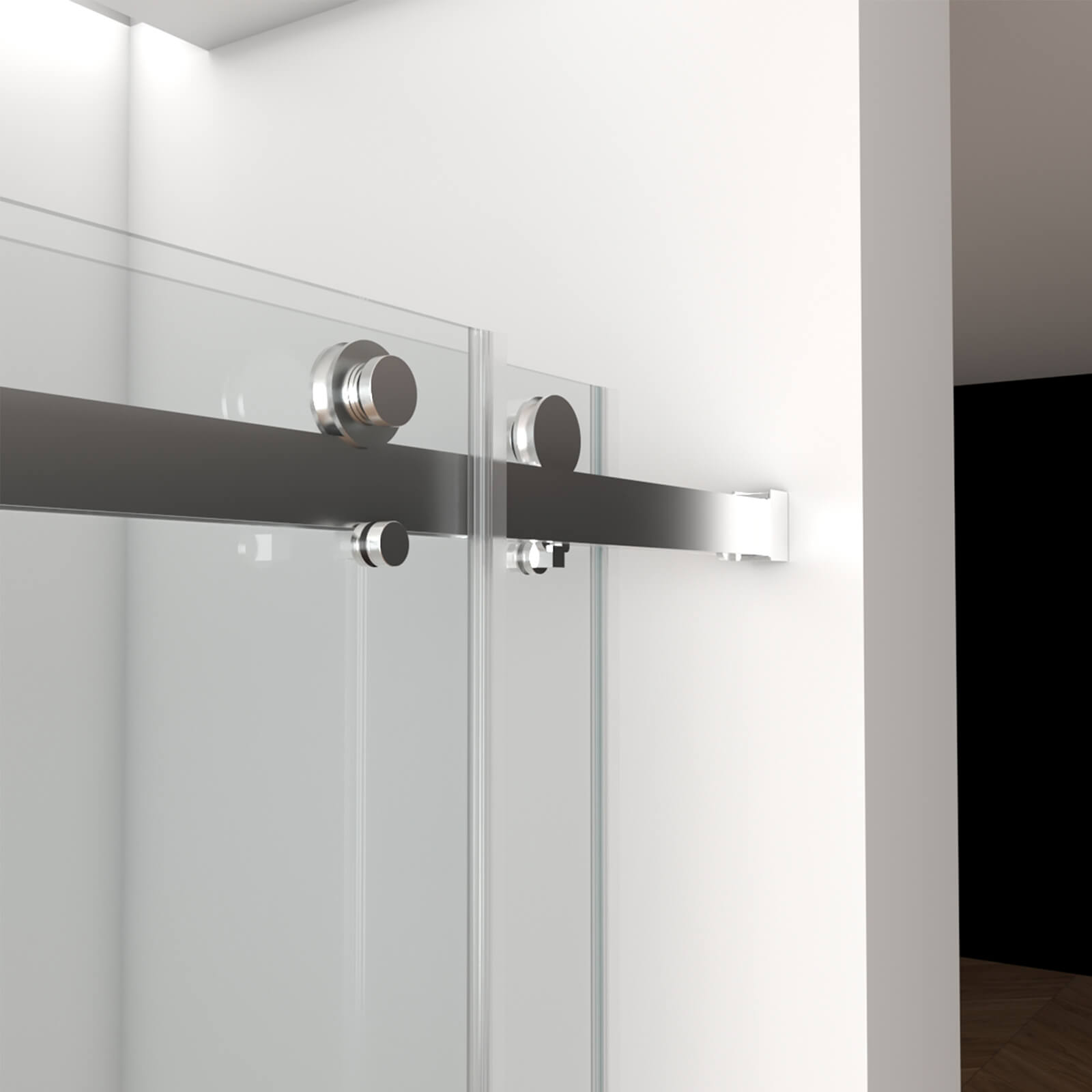 Top rail of brushed nickel shower door with trim guide
