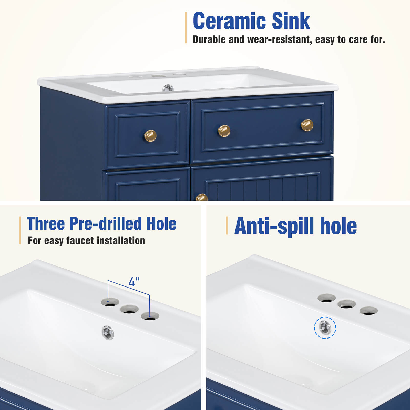 Top Ceramic Sink With 2 Drawers 24 Inch Small Navy Blue Bathroom Vanity Instructions