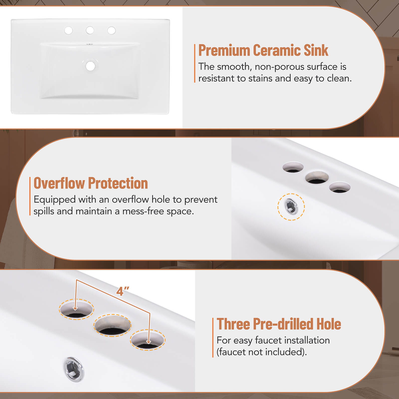 Top Sink Location Instructions for 30 inch Black Freestanding Bathroom Vanity with Open Shelves