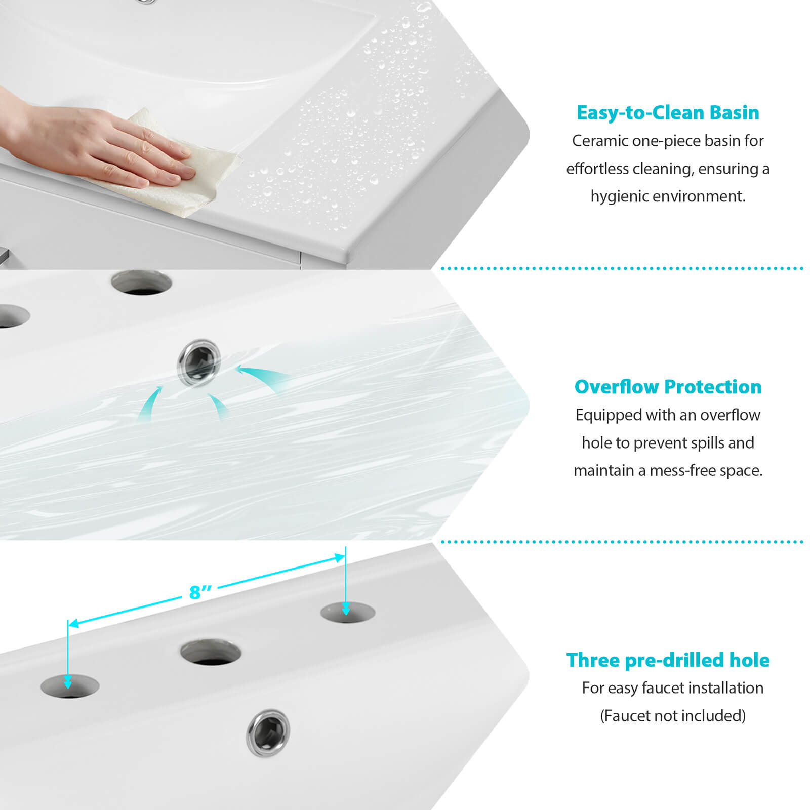 Top Sink Location Instructions for 30 inch Modern White Silk Finish Freestanding Vanity