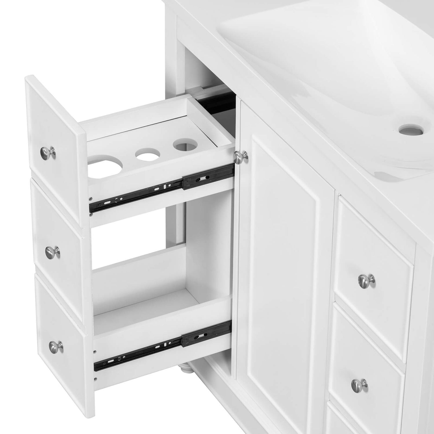 Top drawer of vanity showing three circular slots for hair dryer storage