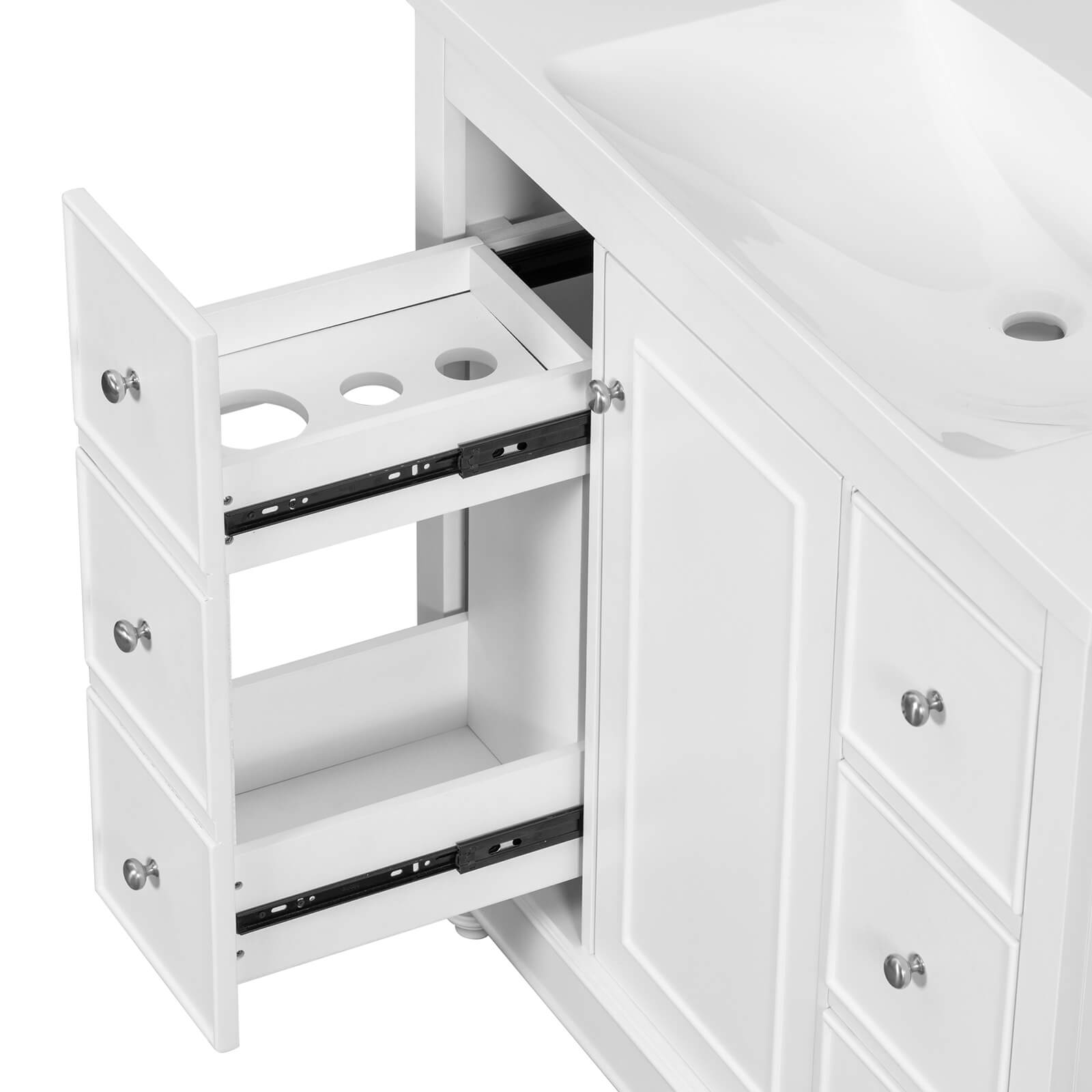 Top drawer of vanity showing three circular slots for hair dryer storage