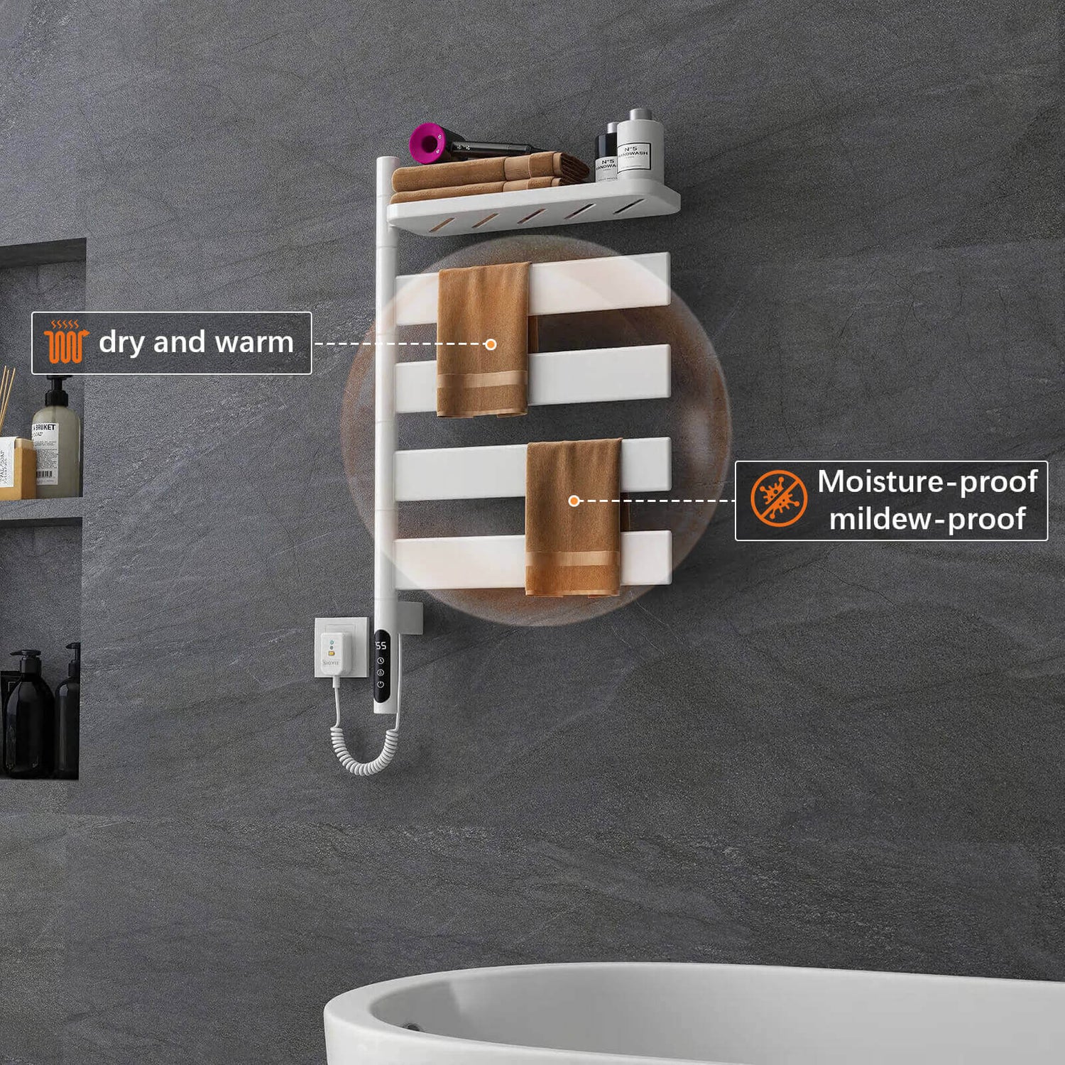 Towel warmers for moisture and mildew resistance