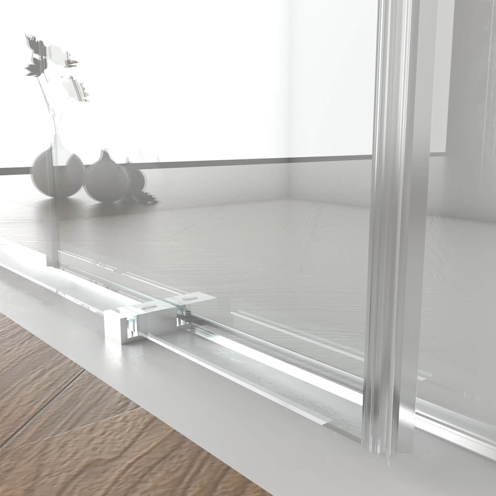 Transitional bathroom with brushed nickel shower door