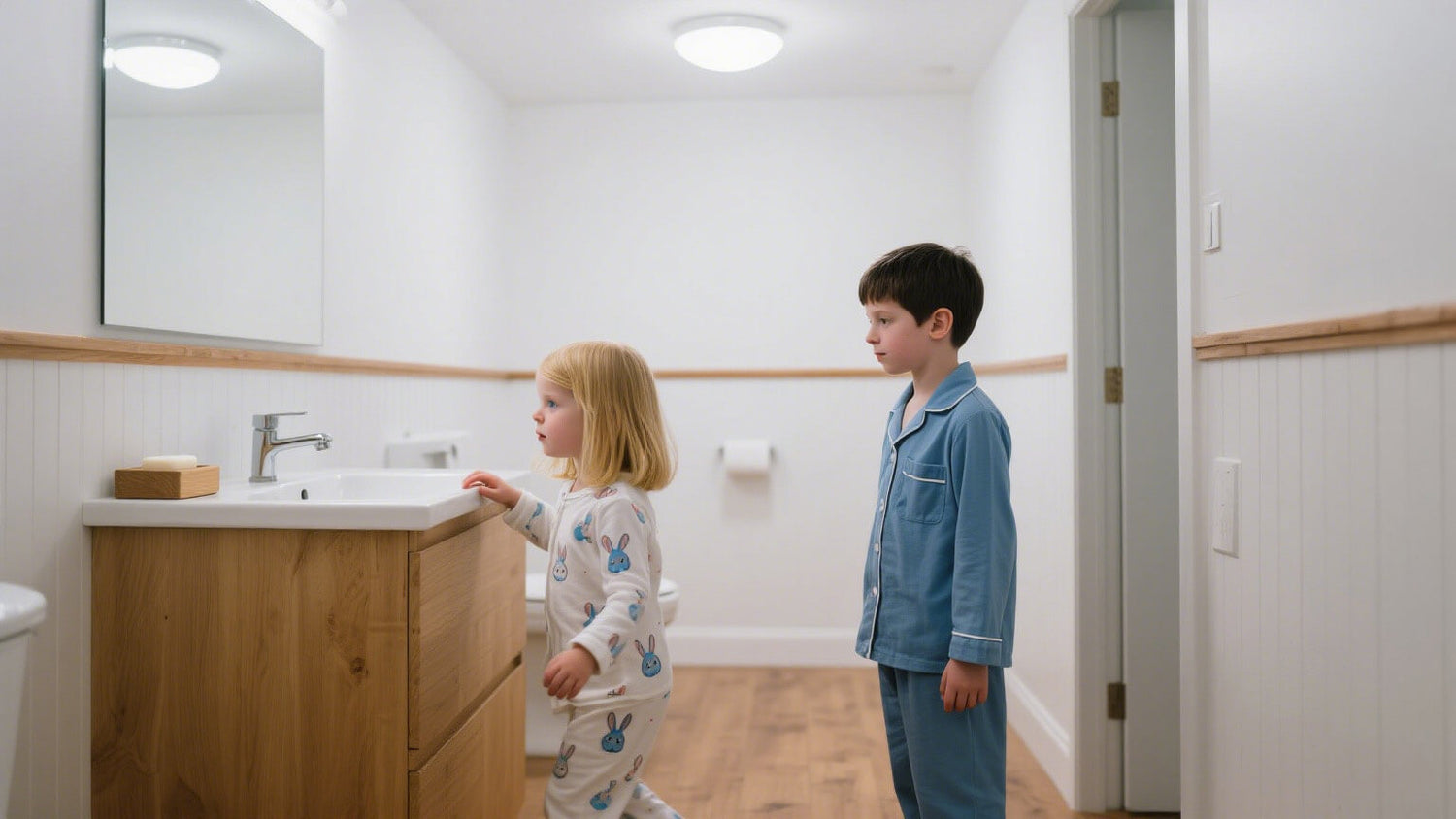 Two children of different heights standing in front of the washstand