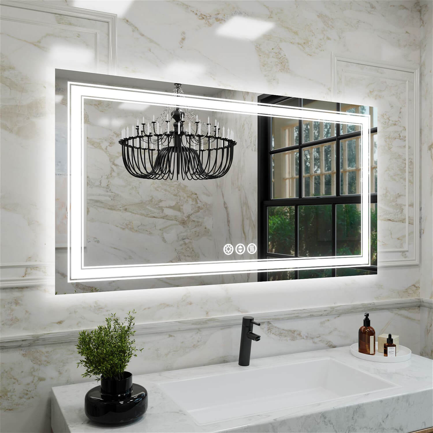 Ultra wide frameless LED vanity mirror with dual light rings and full spectrum lighting