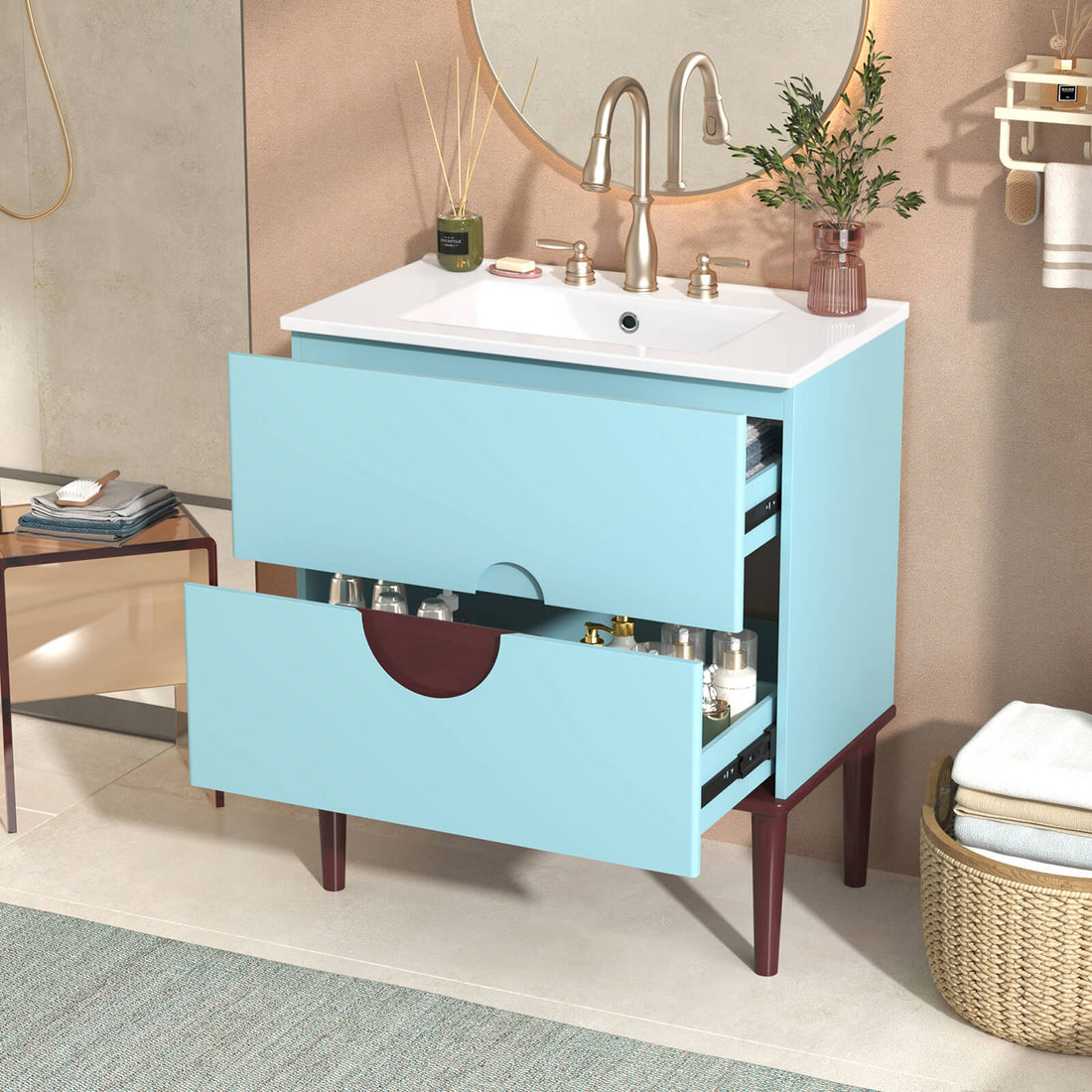 Vermilion Red and Sky Blue Bathroom Vanity with Freestanding Design