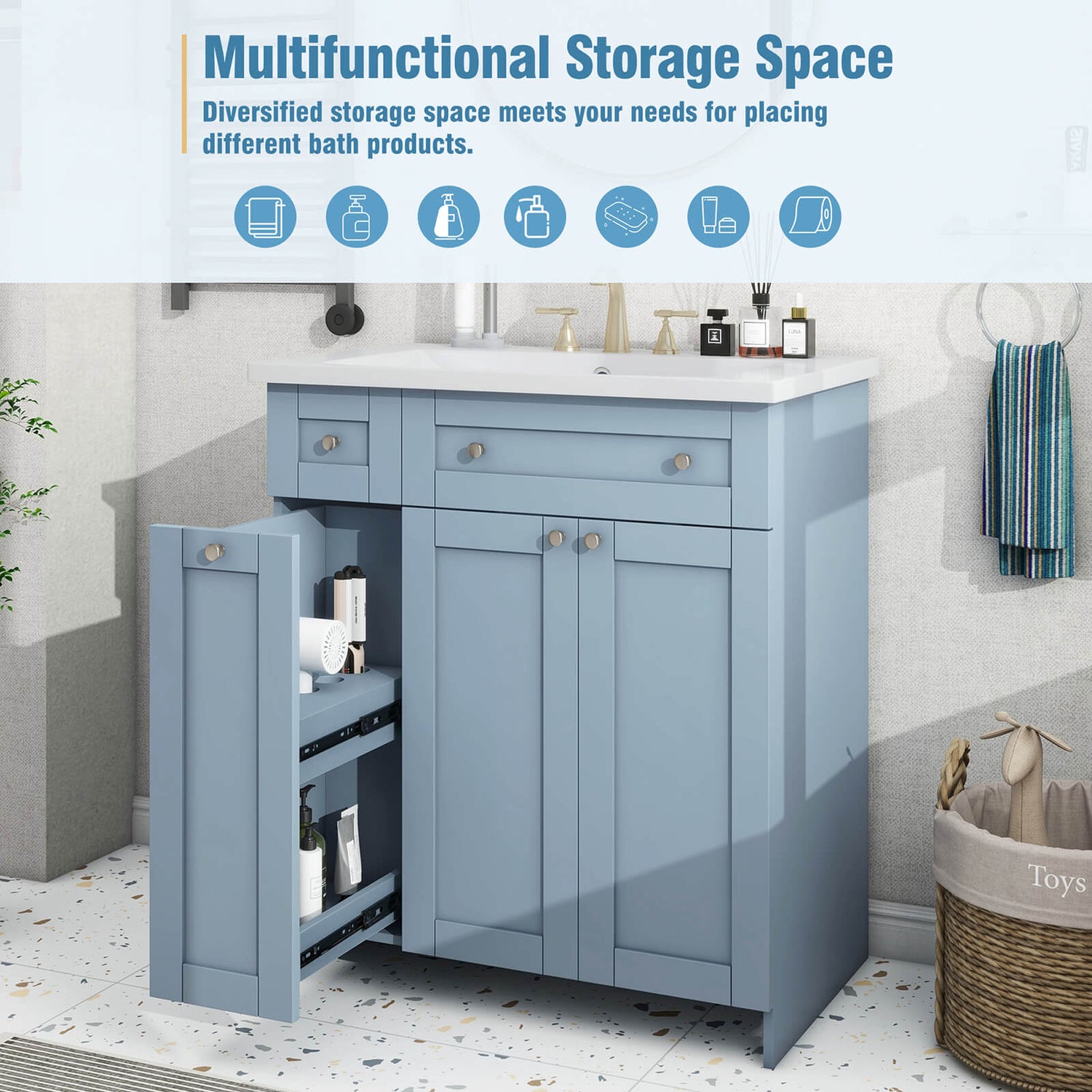 Versatile Size Blue Gray Bathroom Vanity with Soft Close Door 30 Inch
