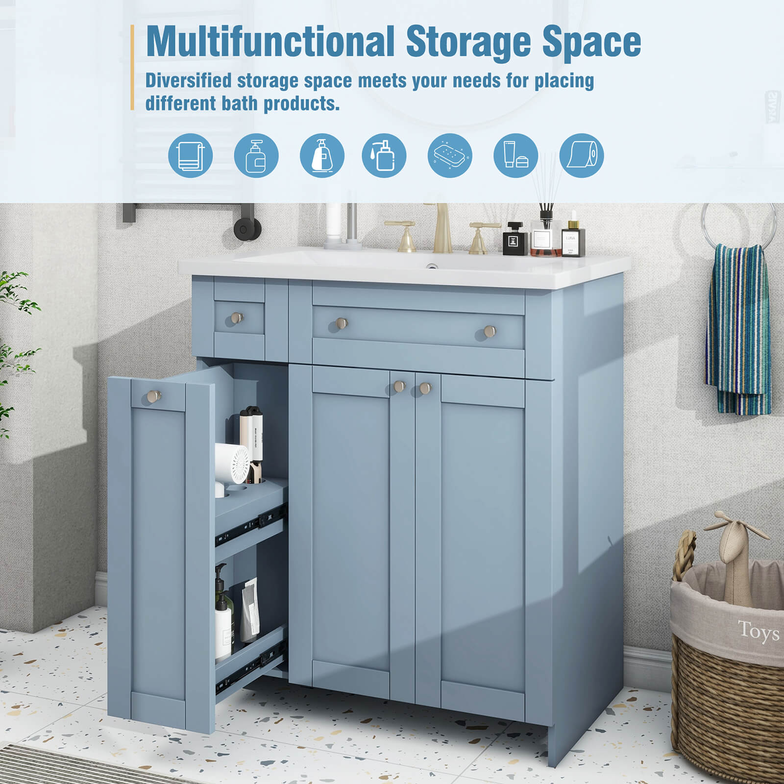 Versatile Size Blue Gray Bathroom Vanity with Soft Close Door 30 Inch