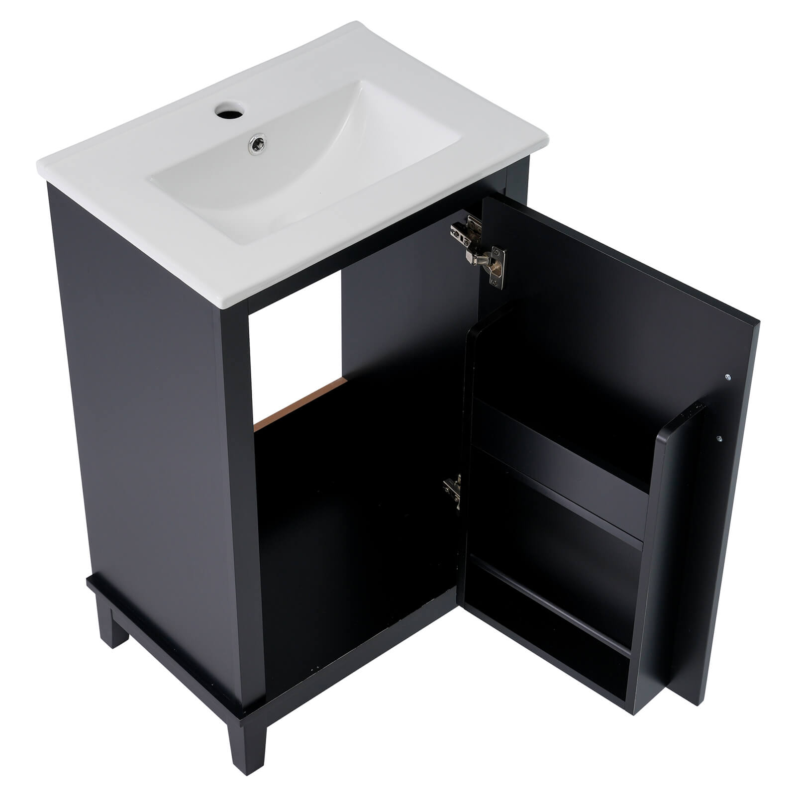 Versatile black vanity suitable for corner placement